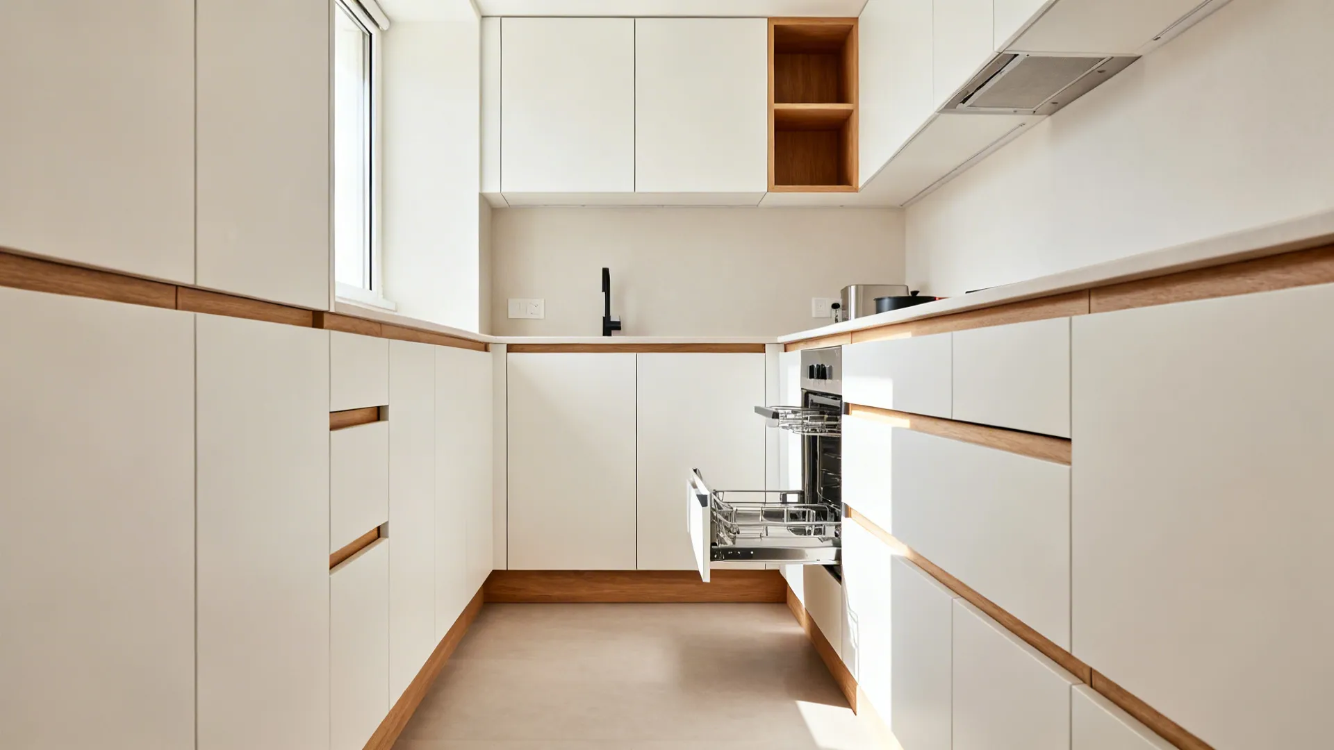 Minimalist galley kitchen with handle-less matte cabinets and a single open niche.