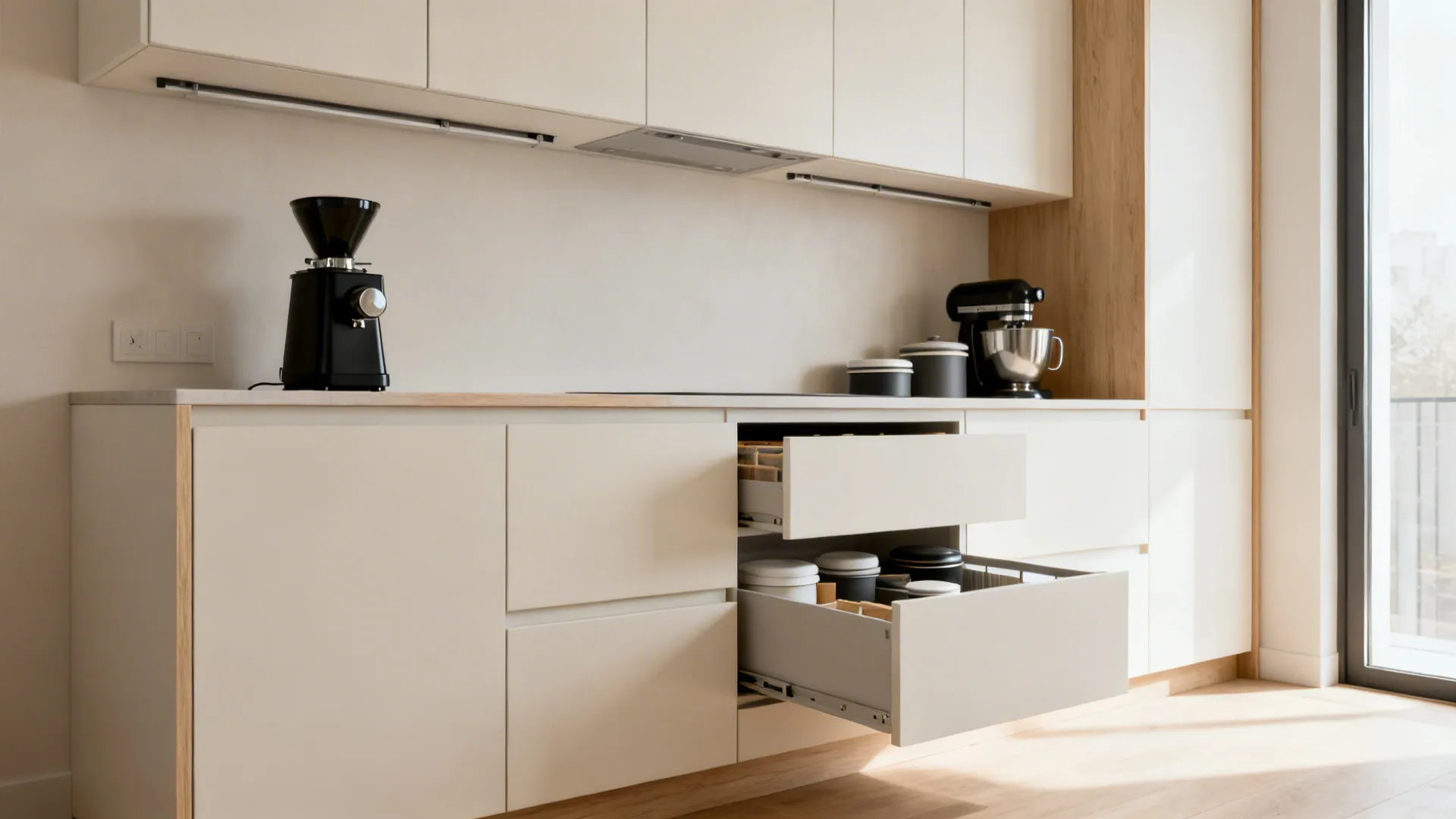 Unified slim upper cabinets and organized drawers in a minimalist small kitchen.
