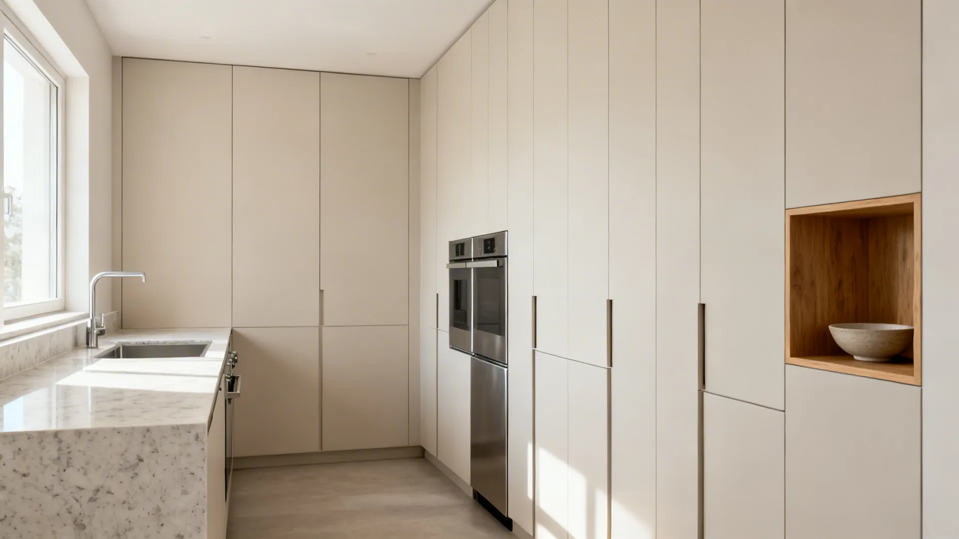Full-height flat-front matte cabinets with concealed pulls creating a calm, clutter-free small kitchen.