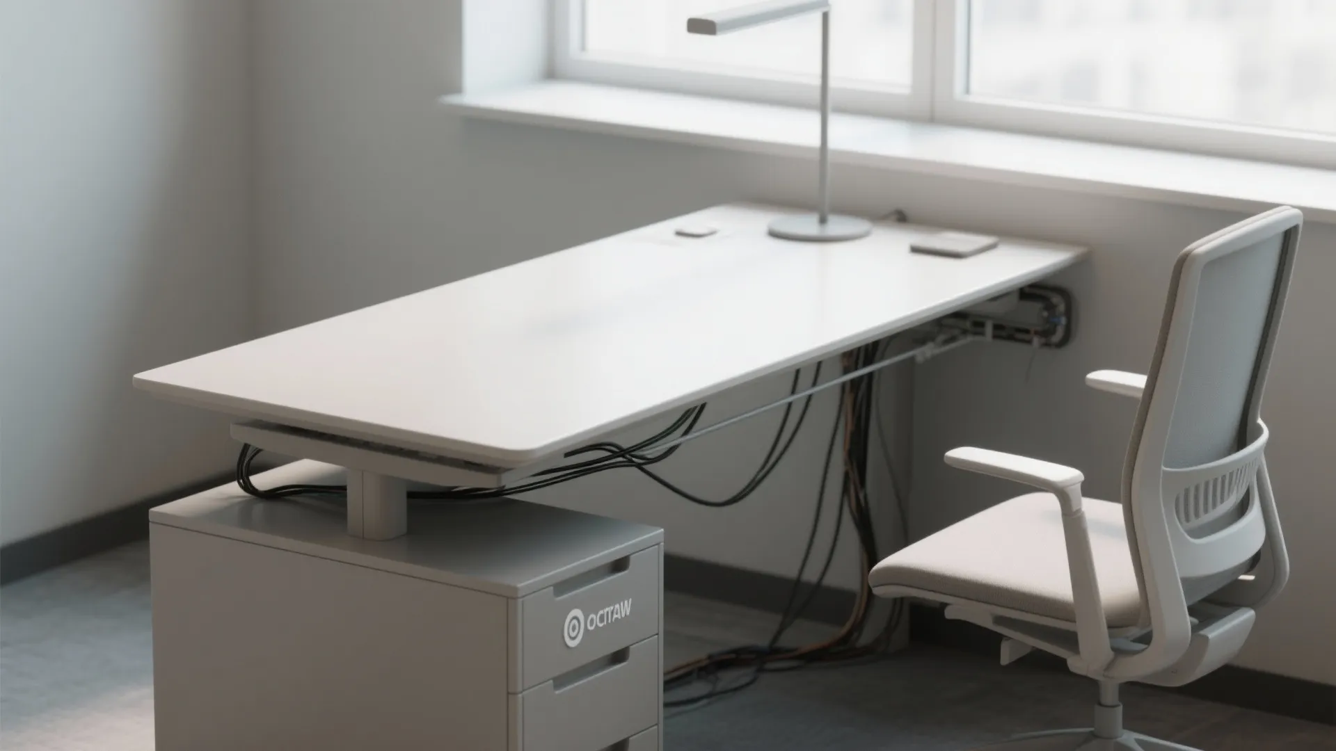 Clean white office desk with table light and grey chair showing organized power cable management
