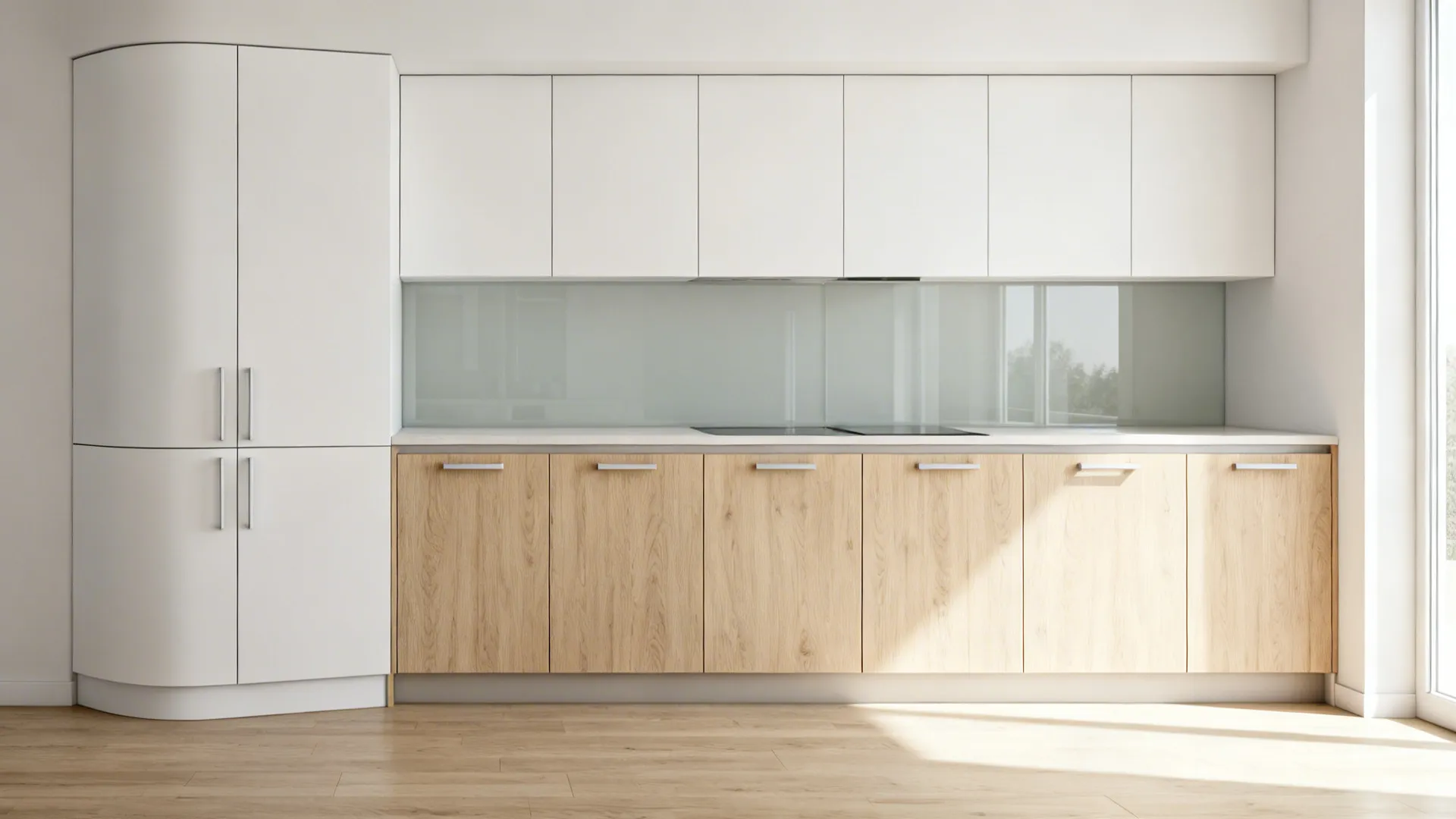 Minimalist small kitchen with matte white uppers, pale wood bases, and a corner pantry.
