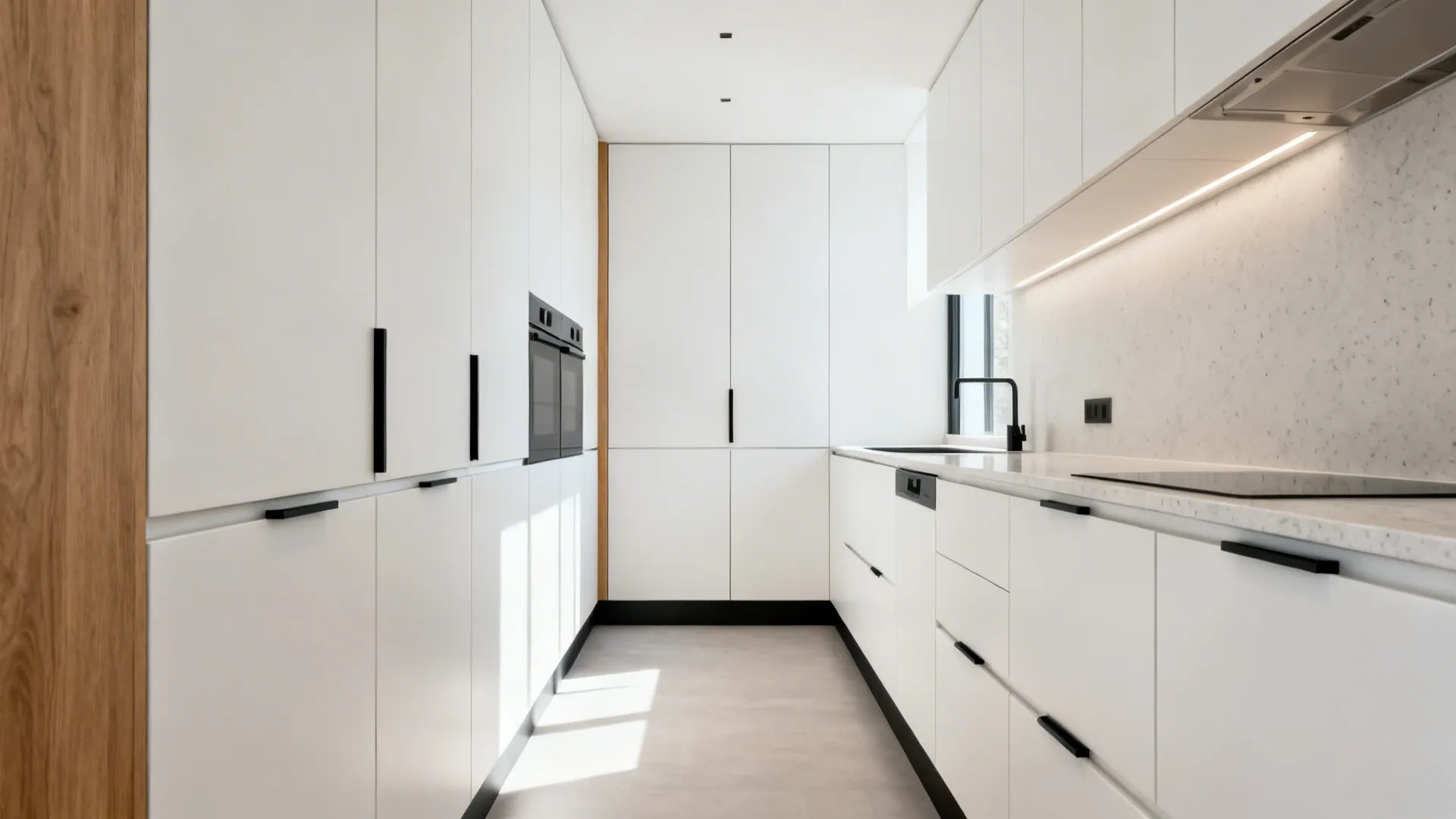 Narrow minimalist galley kitchen with flush fronts and perfectly aligned reveals.