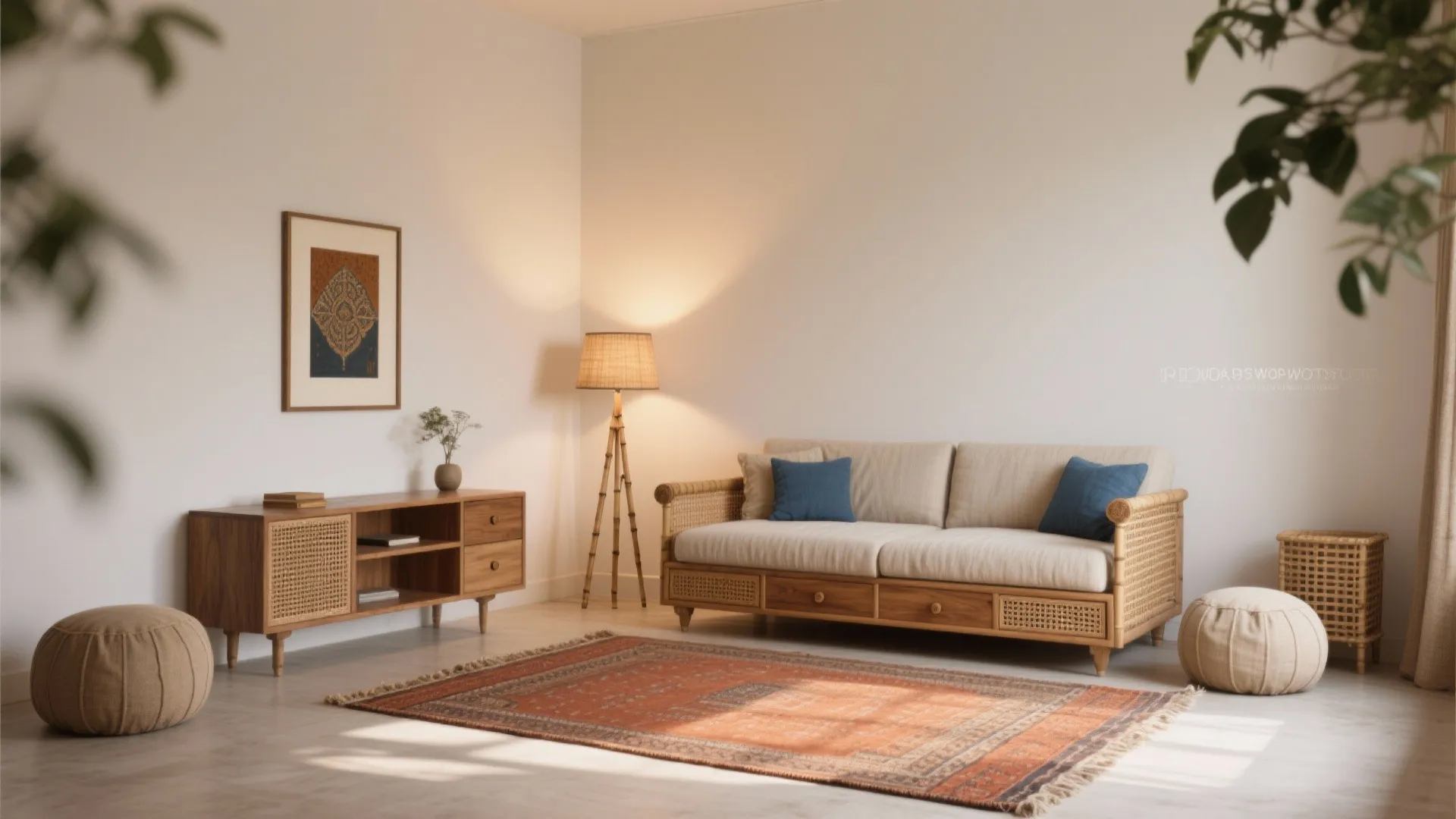 Small minimalist Indian living room with compact sofa, storage diwan, jute dhurrie and warm wood