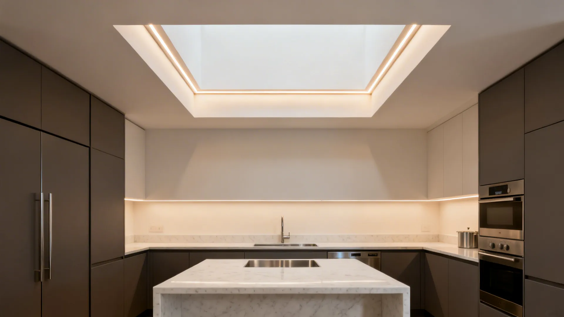 Minimalist plus-minus ceiling with warm recessed LEDs illuminating a compact kitchen work zone.