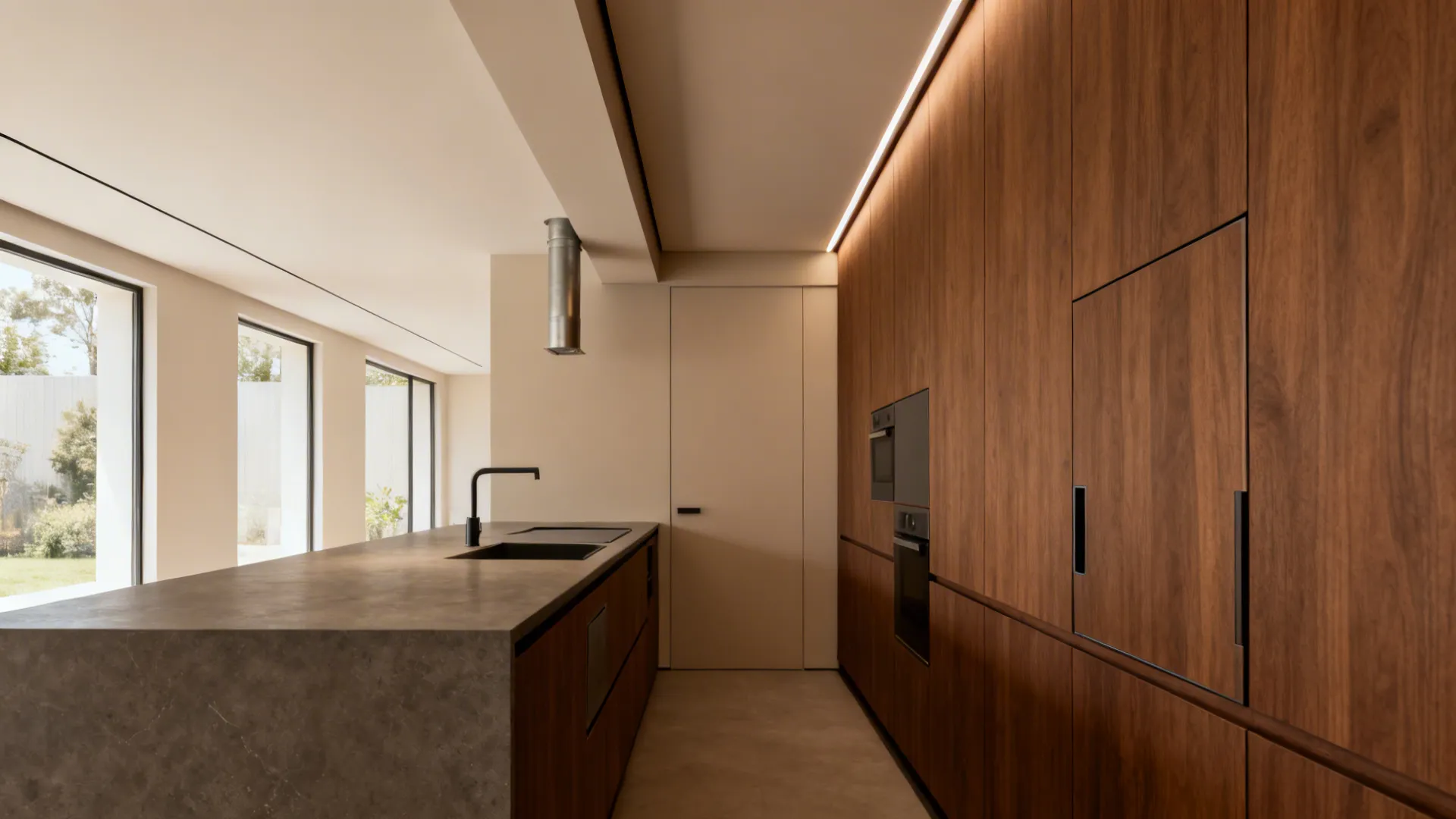 Minimalist kitchen island with black faucet next to tall wood cabinets and bright glass windows