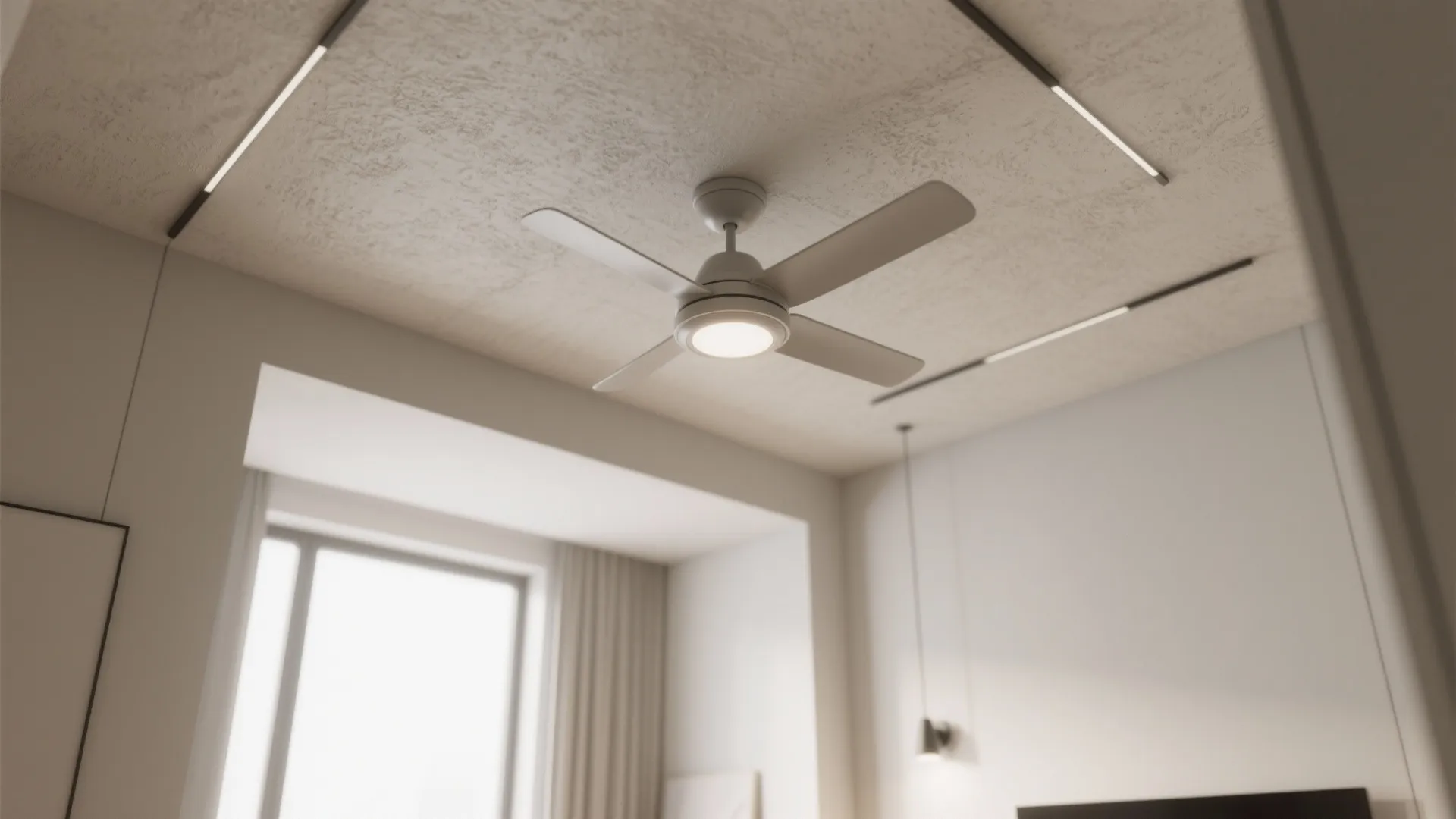 Close up view of white ceiling fan with light in a minimalist room with windows