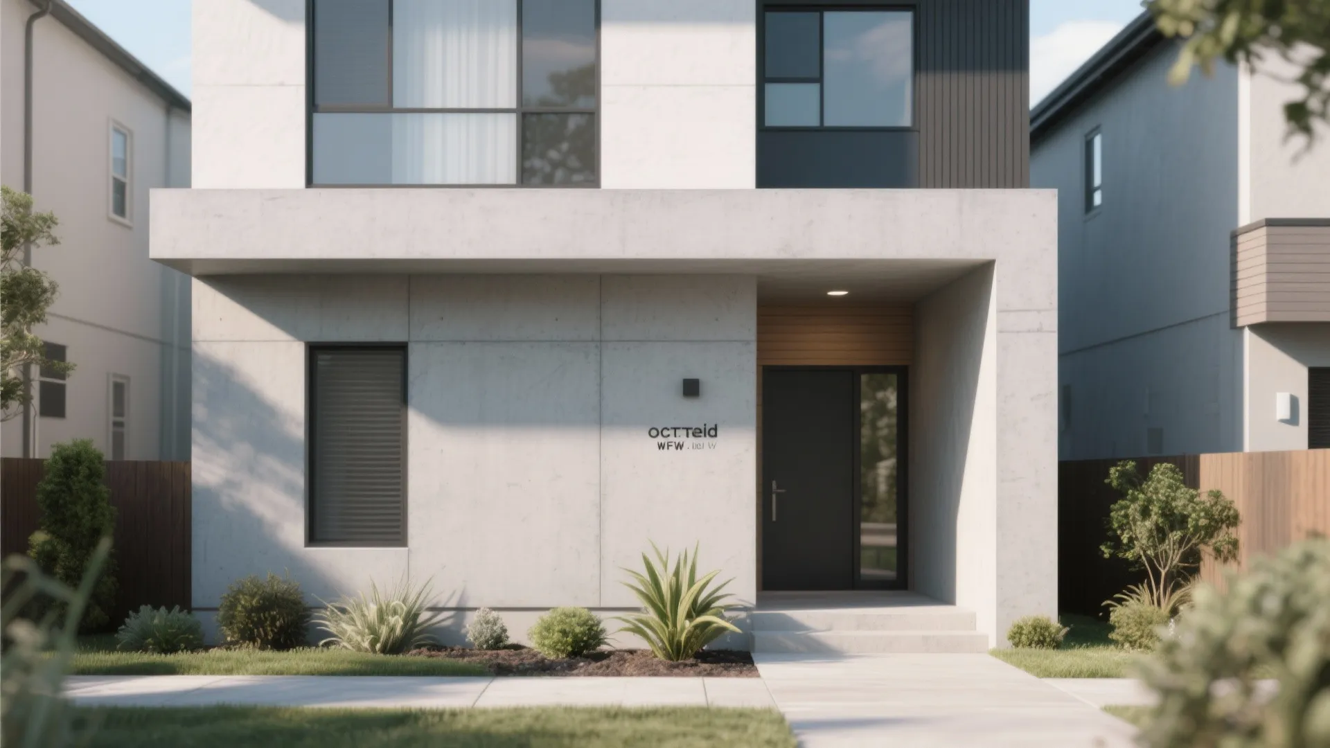 Minimalist house entrance with a gray cement facade black door large windows and small plants