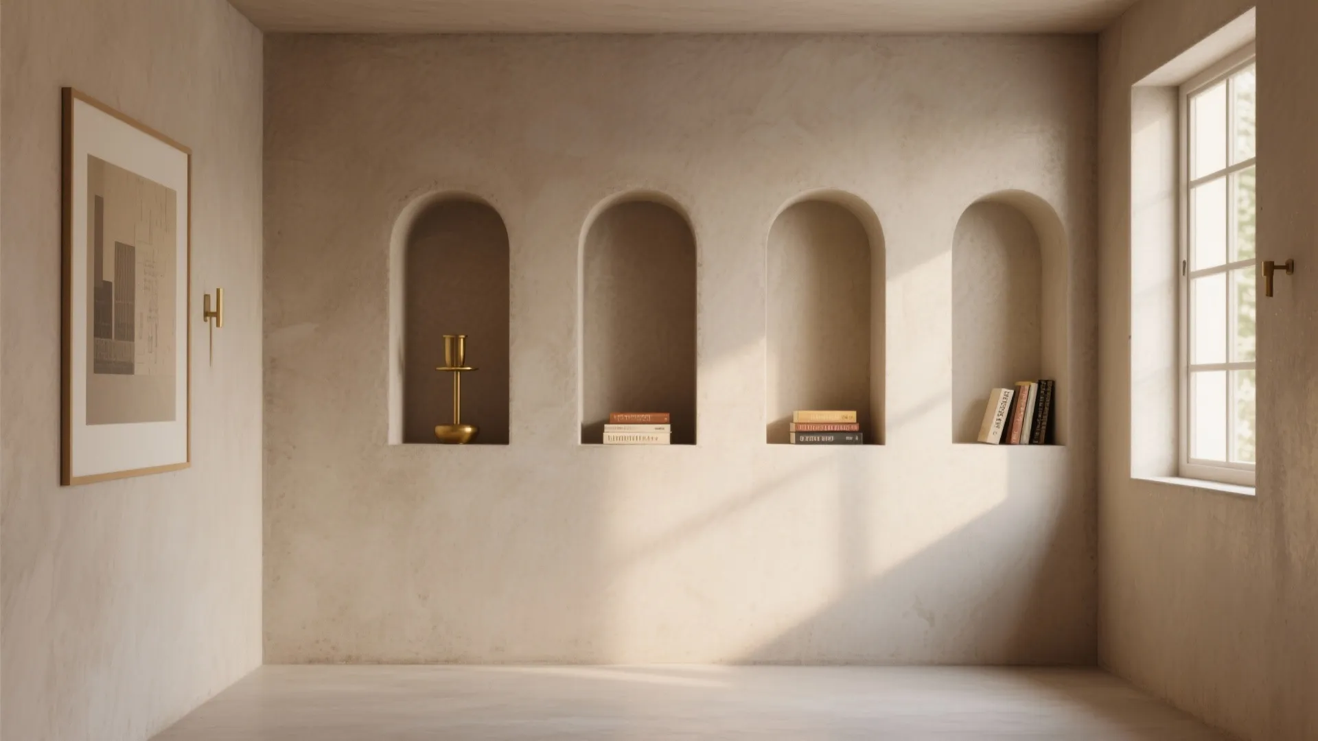 Minimalist beige wall with four arched wall shelves holding books and a single gold candle