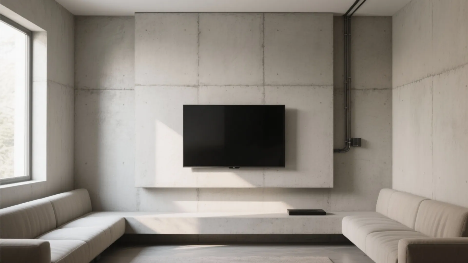 Monolithic cement TV wall with floating screen and hidden wiring.