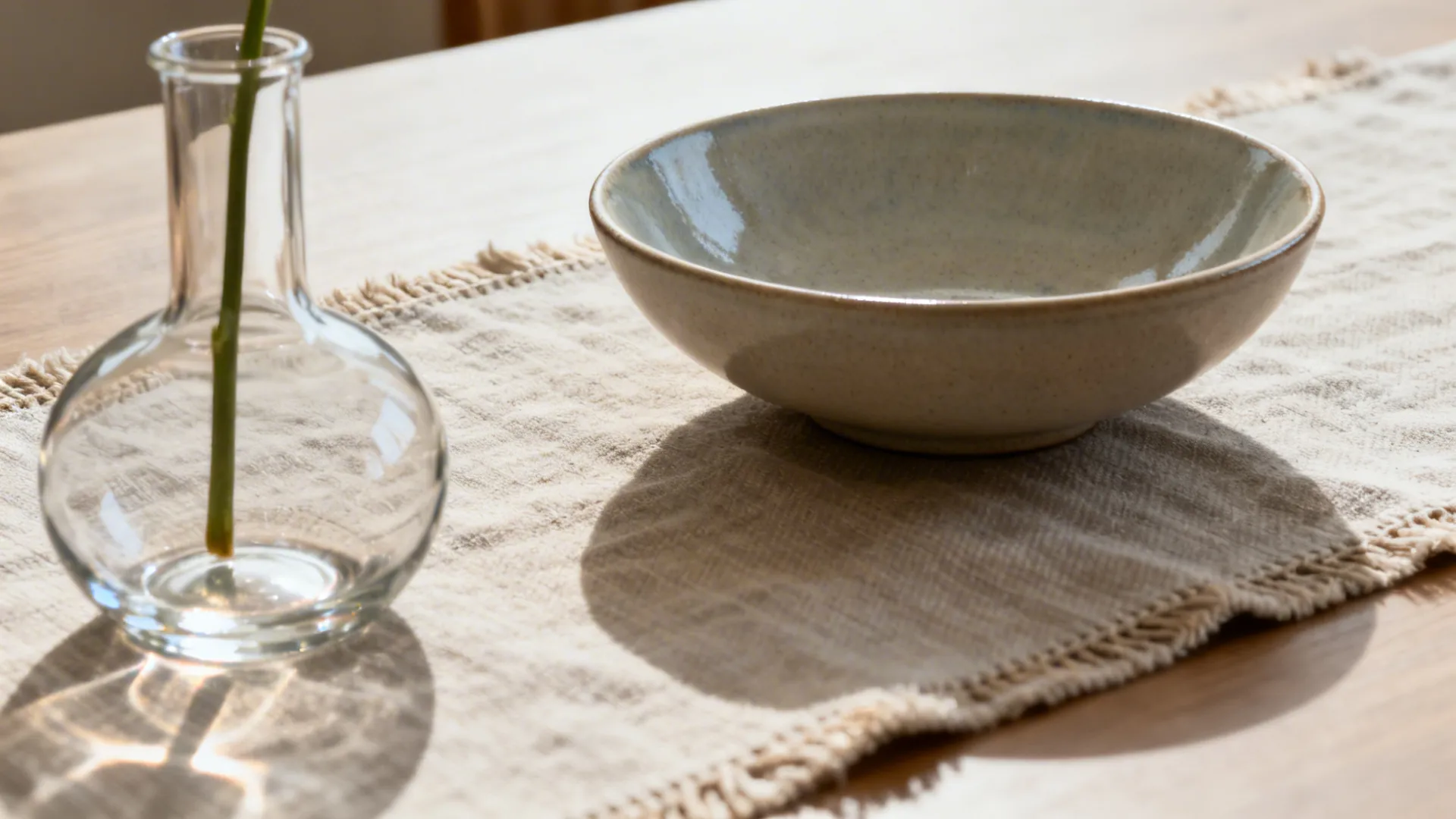 Low-profile linen runner with a shallow matte ceramic bowl and a low glass vase holding a single stem.