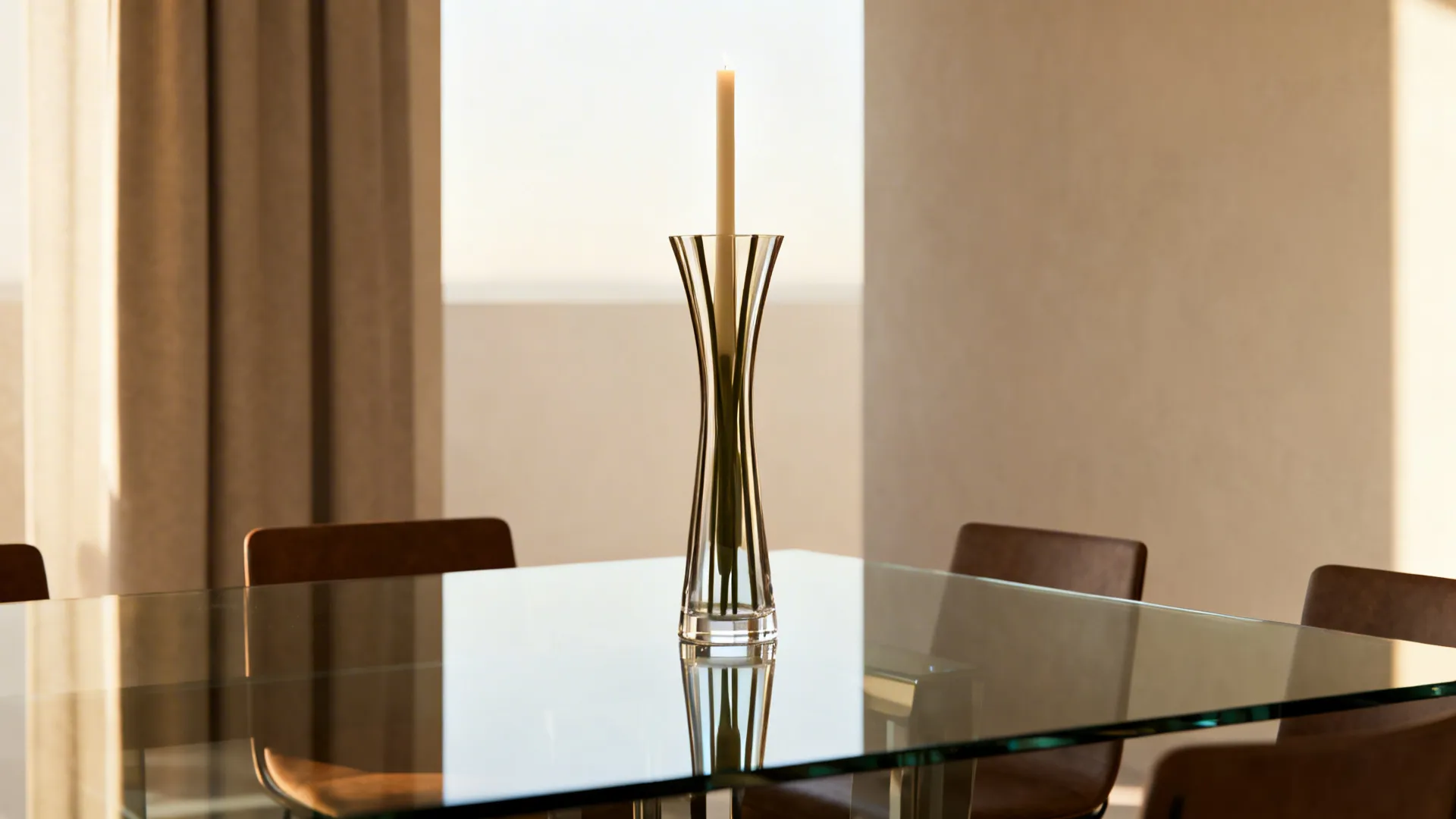 Modern dining room featuring glass table with a tall clear vase holding a single candle