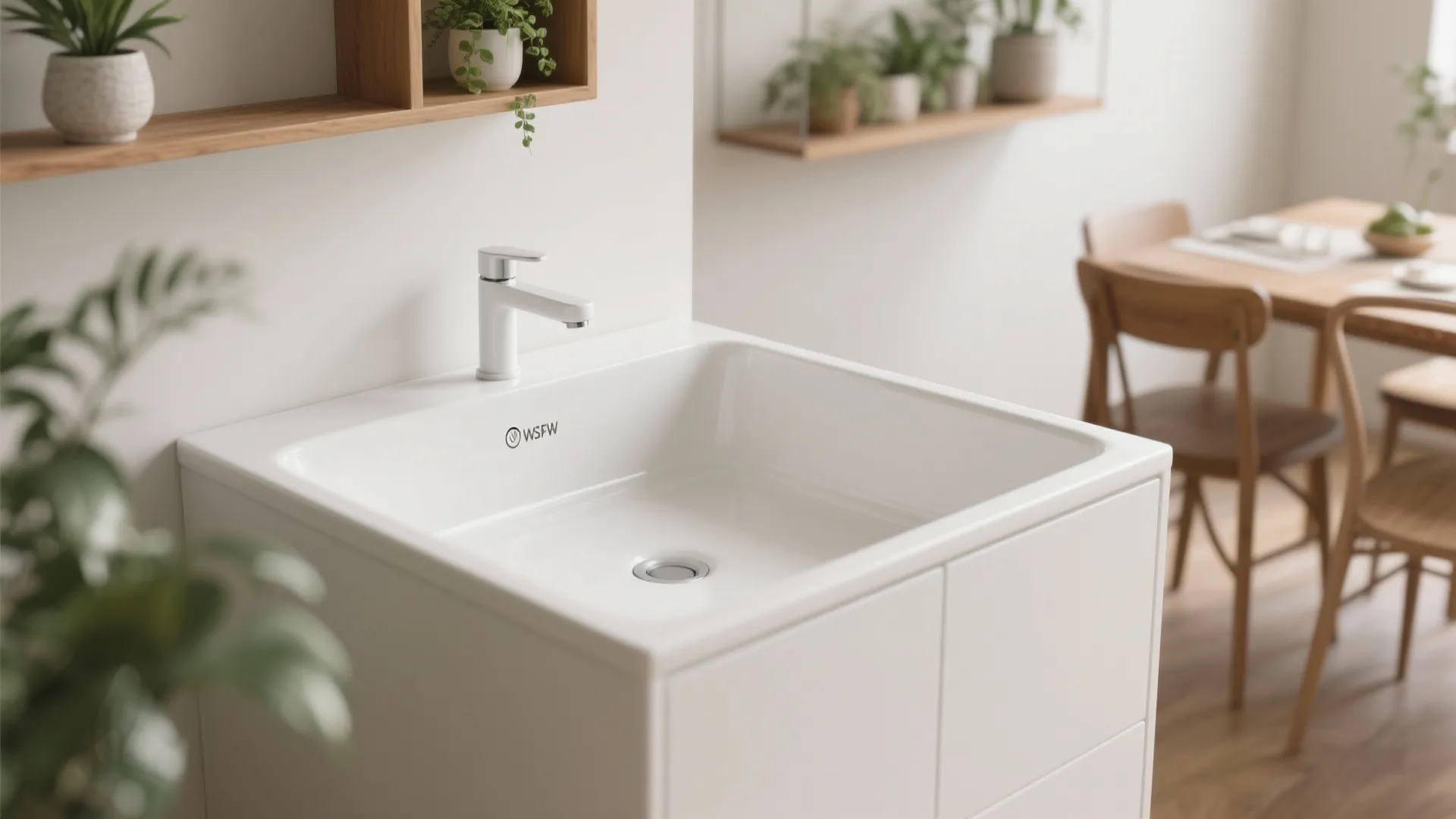 White ceramic sink on cabinet with plants on wall shelves and wooden dining table furniture