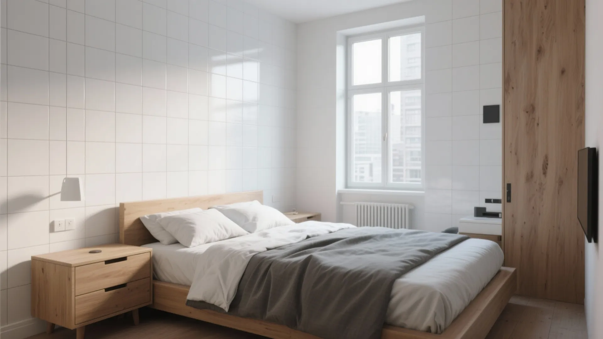 Minimalist bedroom with white tile wall, wooden bed frame, grey blanket, bedside table, and window