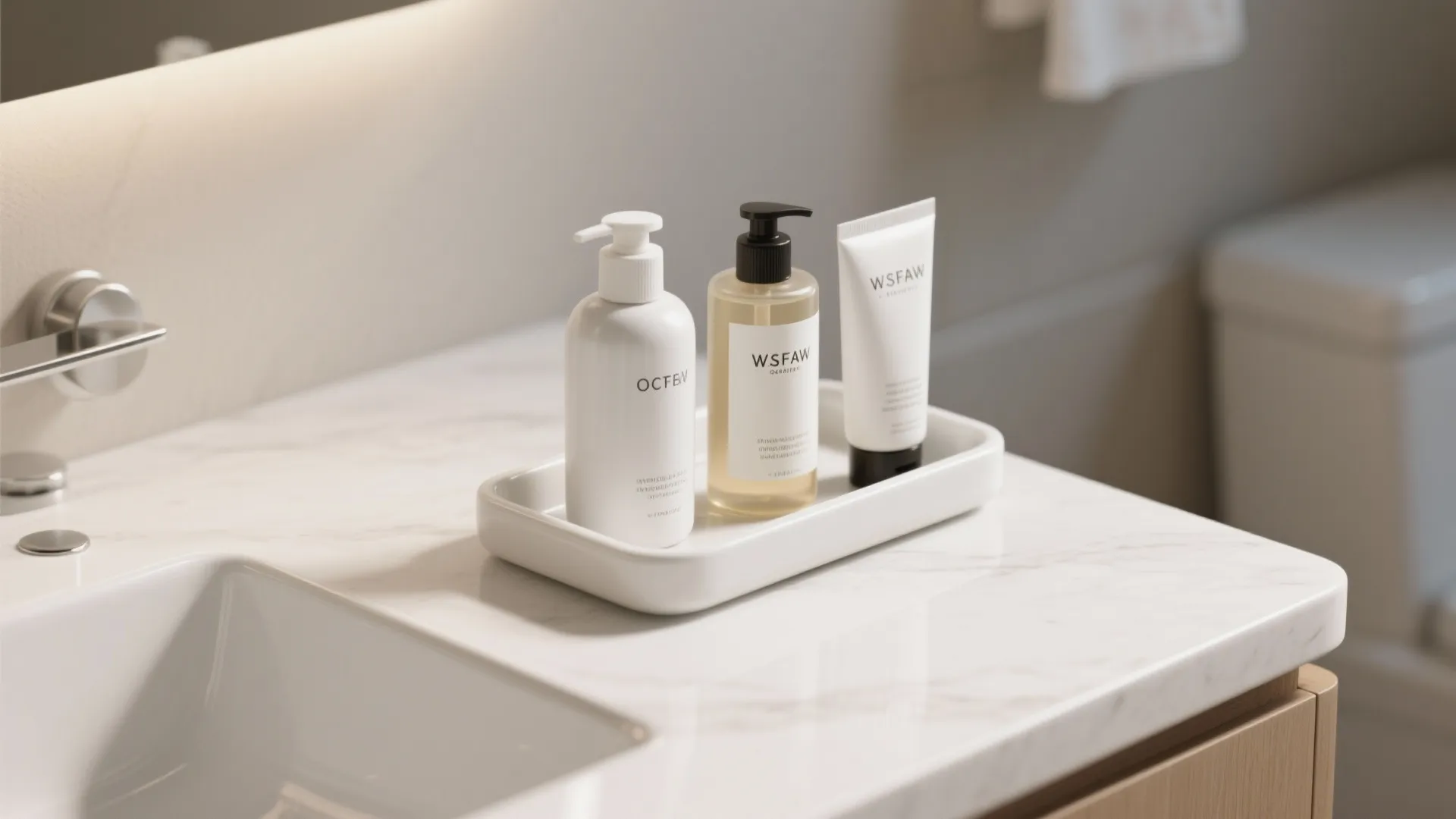 White ceramic tray holding three different soap bottles and tubes on a marble bathroom counter