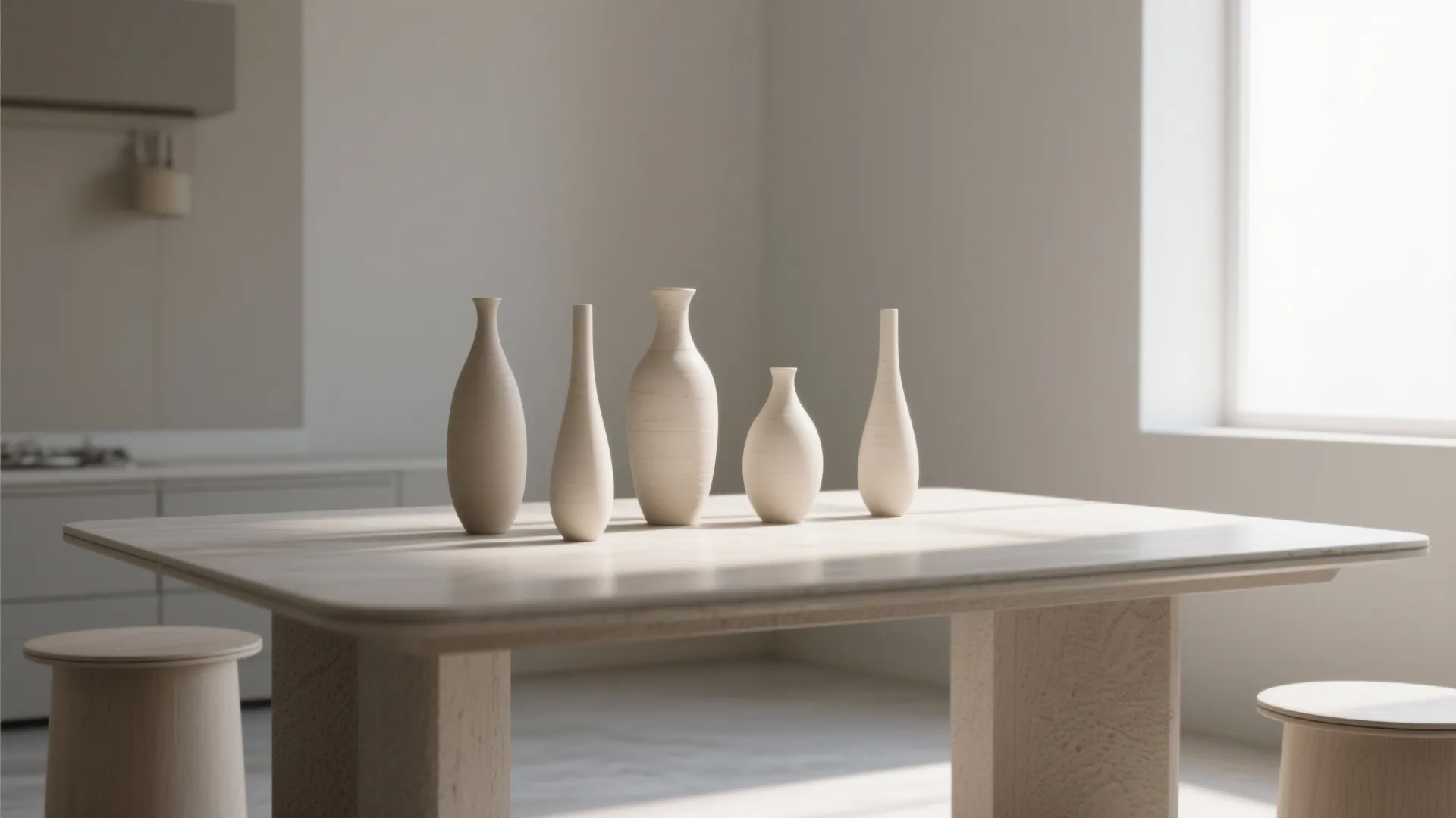 Five white ceramic vases on a light wood dining table in a minimalist kitchen room