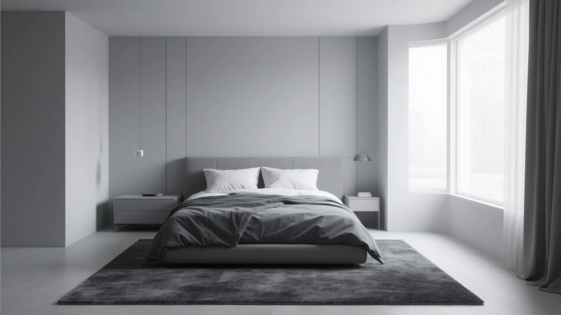 Minimalist grey bedroom with large bed, dark rug, side tables and light from large window