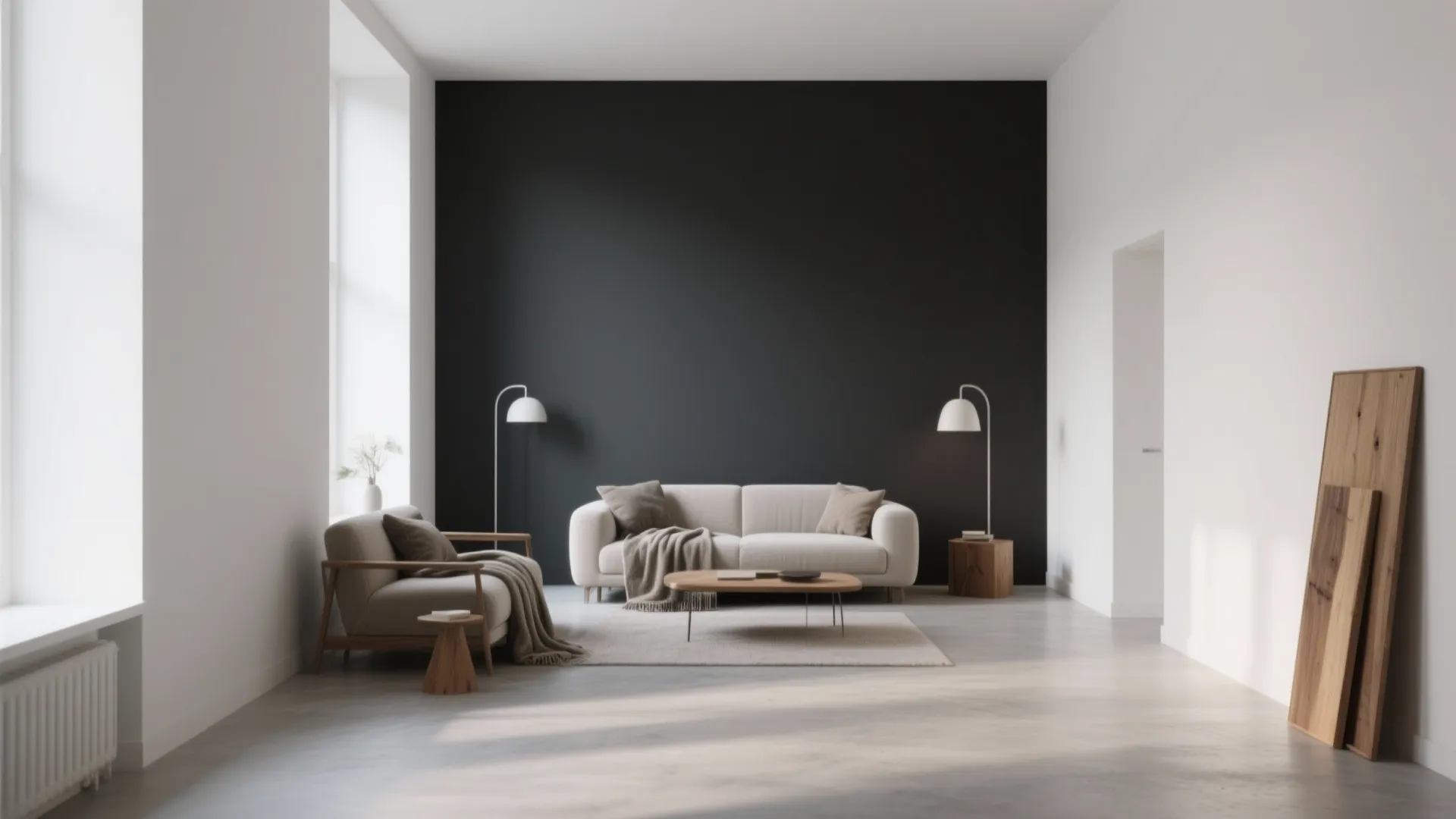 Minimalist living room design with charcoal feature wall white sofa wooden floor and round coffee table