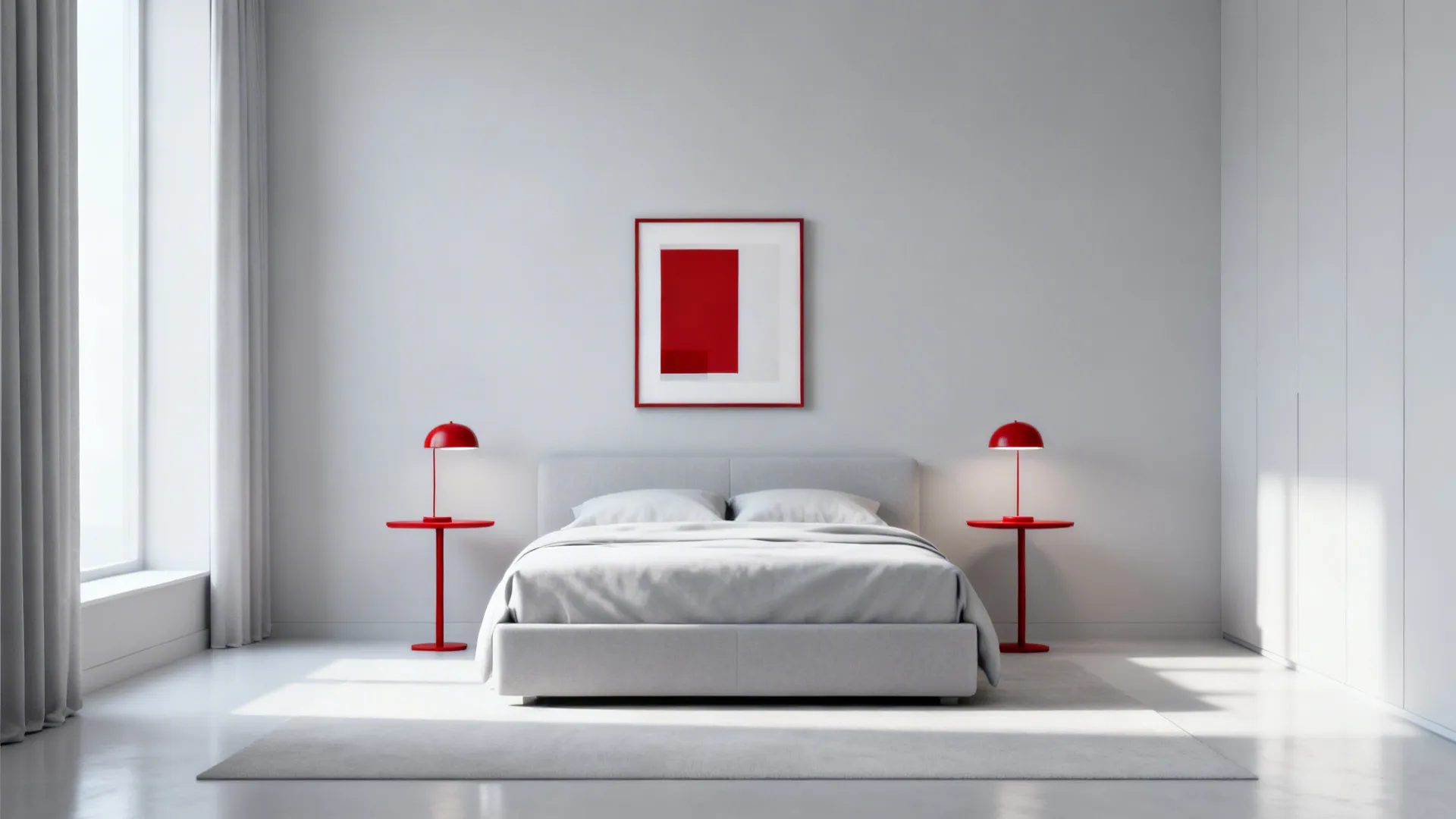 Minimalist pale grey bedroom with small cherry-red bedside table and lamps.