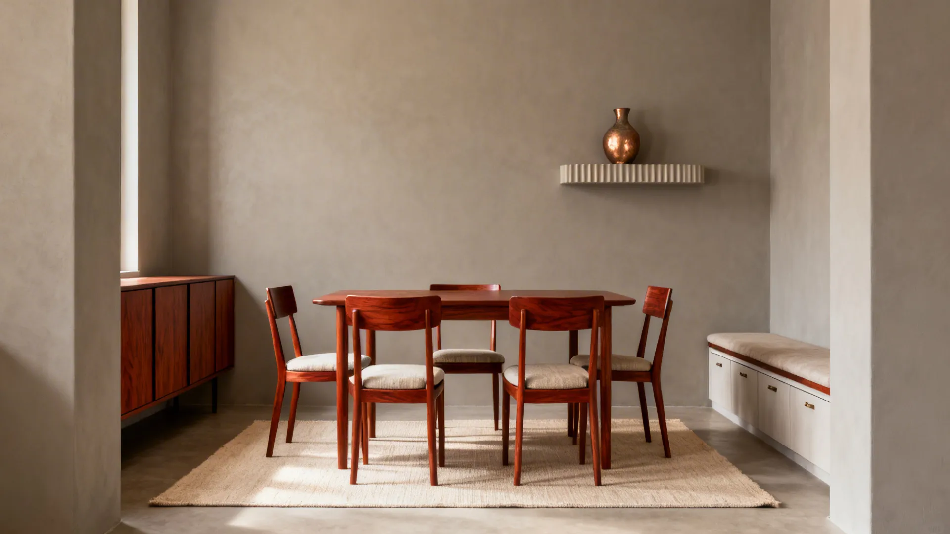 Minimalist storage frames a cherry table and chairs with a slim sideboard and fluted shelf.