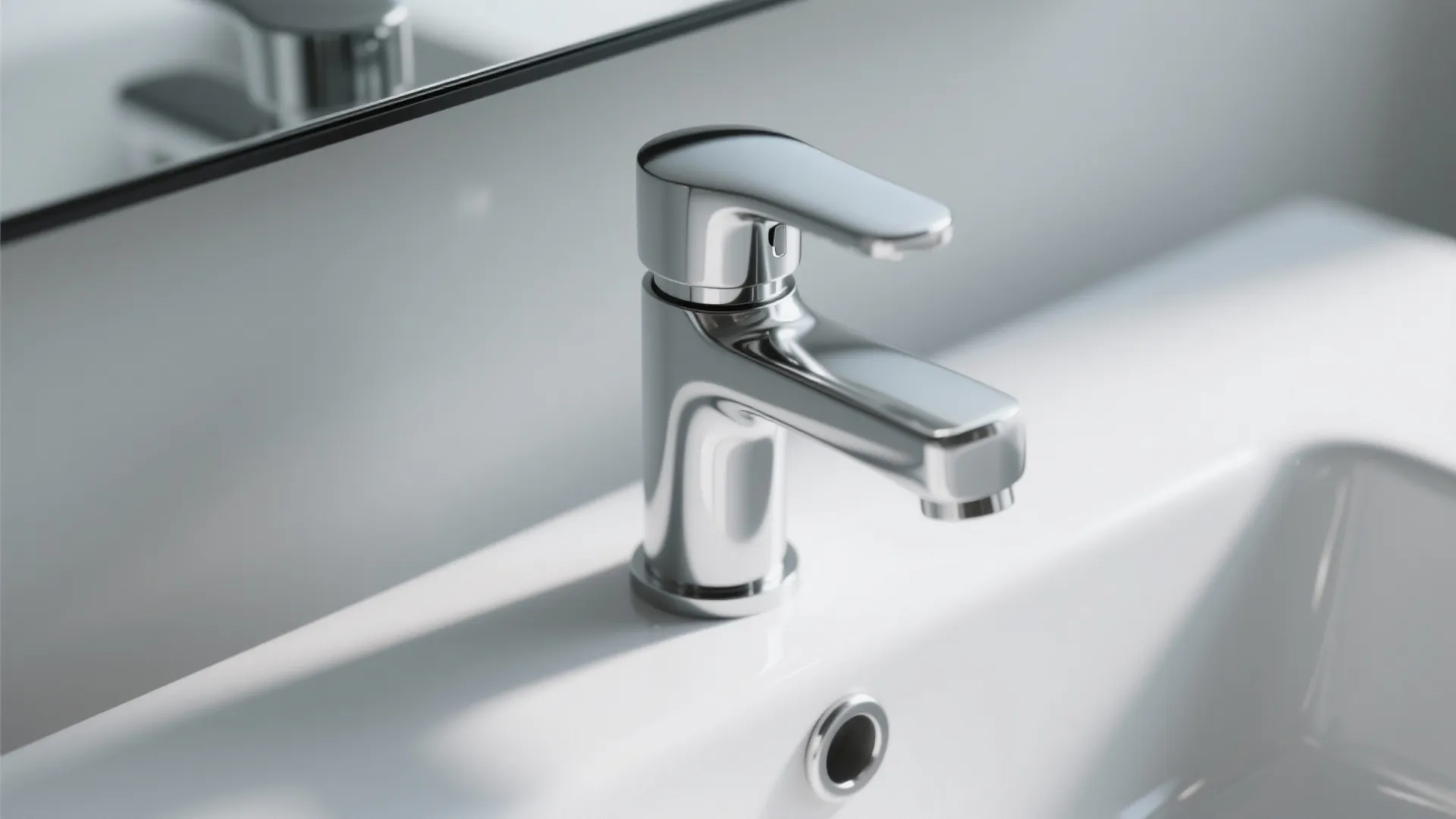 Simple chrome water tap installed on a white bathroom sink with a mirror in background reflection