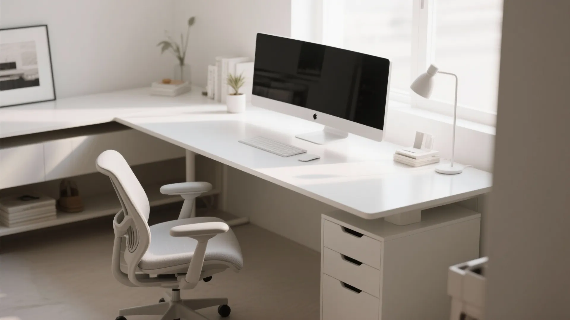 Minimalist white office desk with computer and desk chair near a window with natural light
