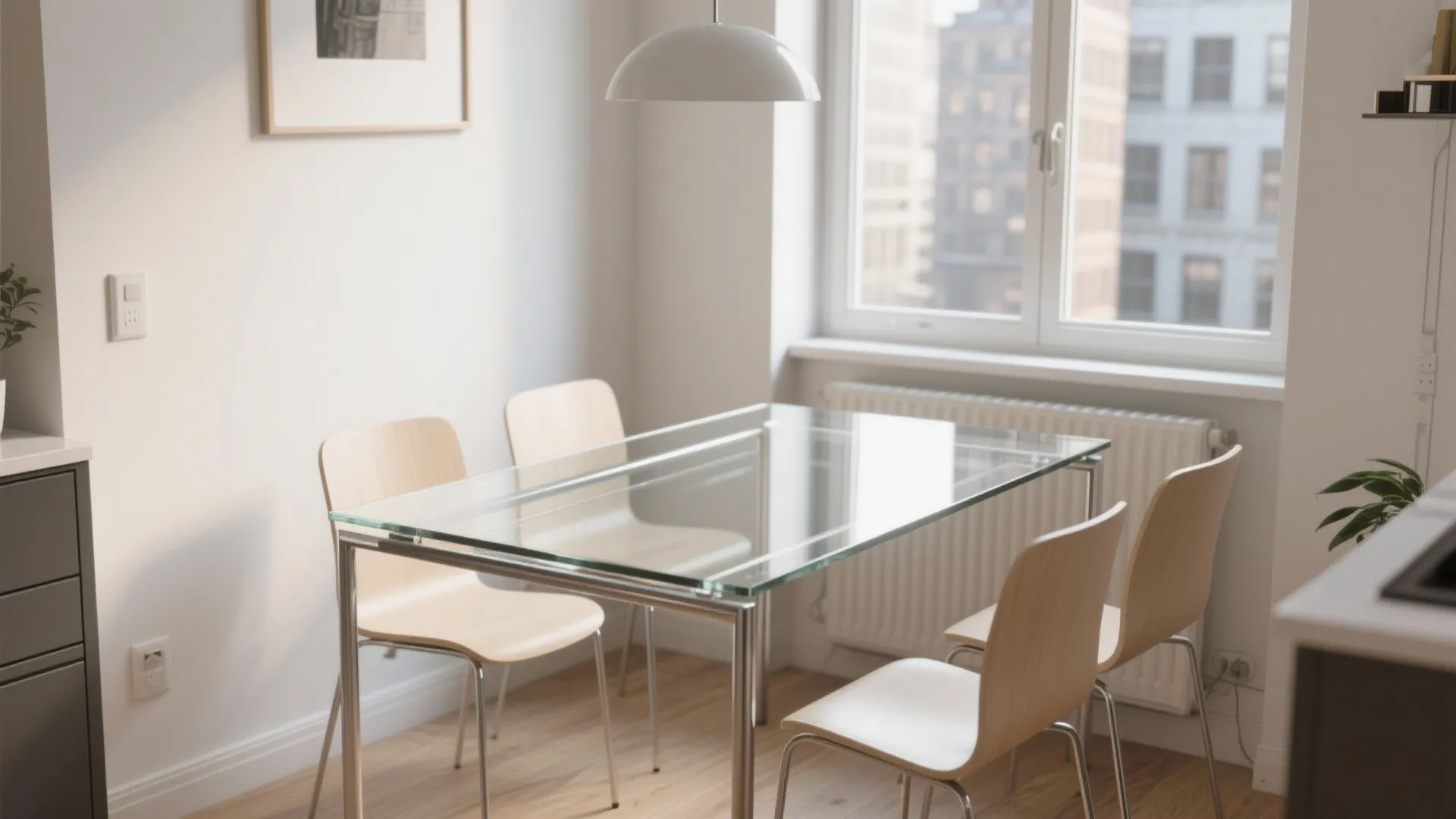Minimalist clear glass dining table with slim frame