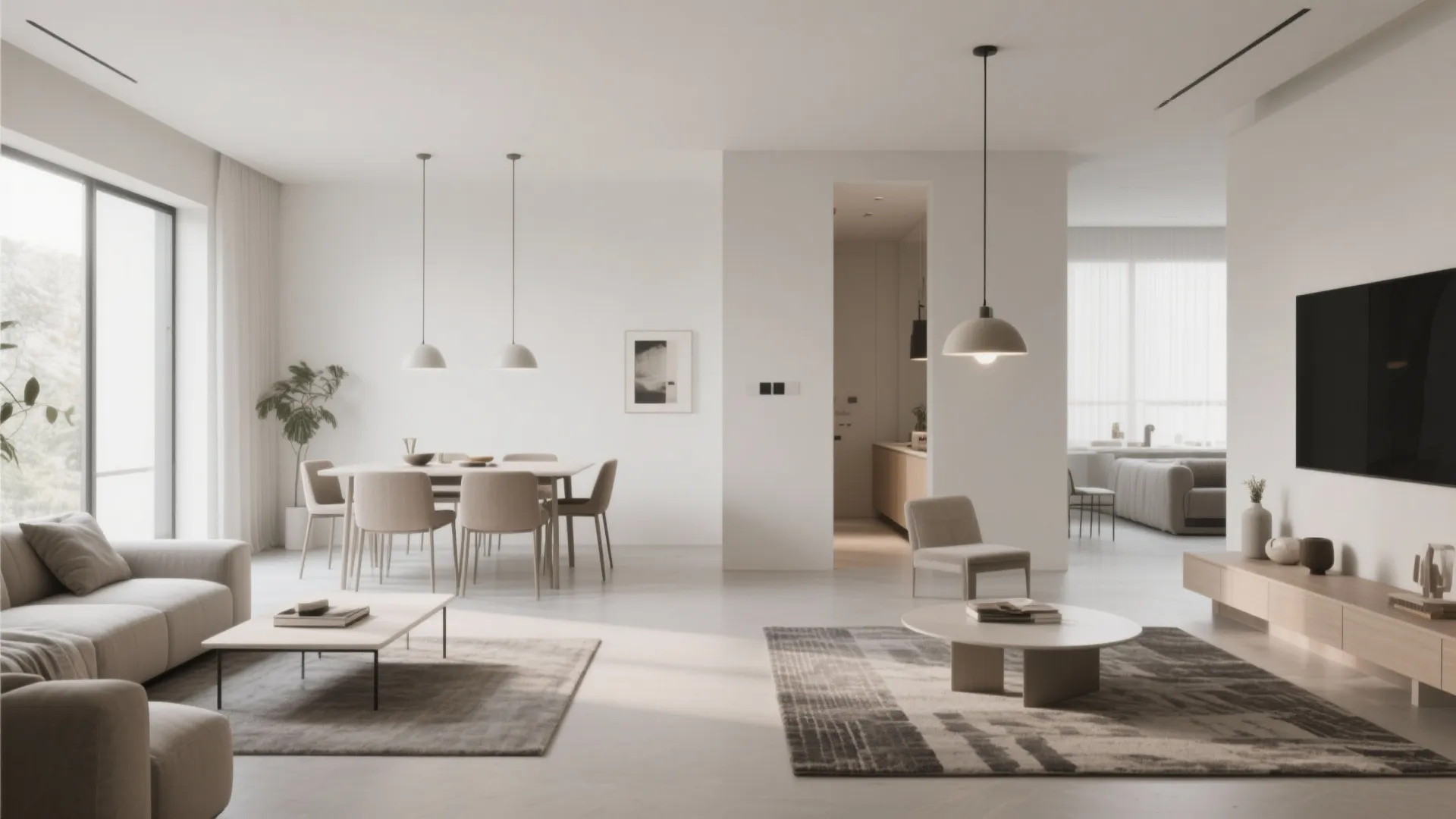 Modern open plan living room with cream sofa wood cabinet dining table and white ceiling lights