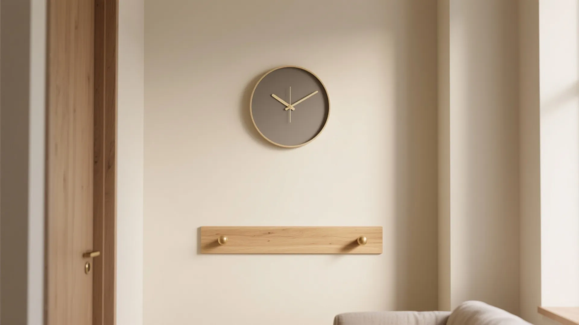 Minimalist clock wall in a tight studio: a single round matte clock at eye level above a slim oak ledge on a cream wall.