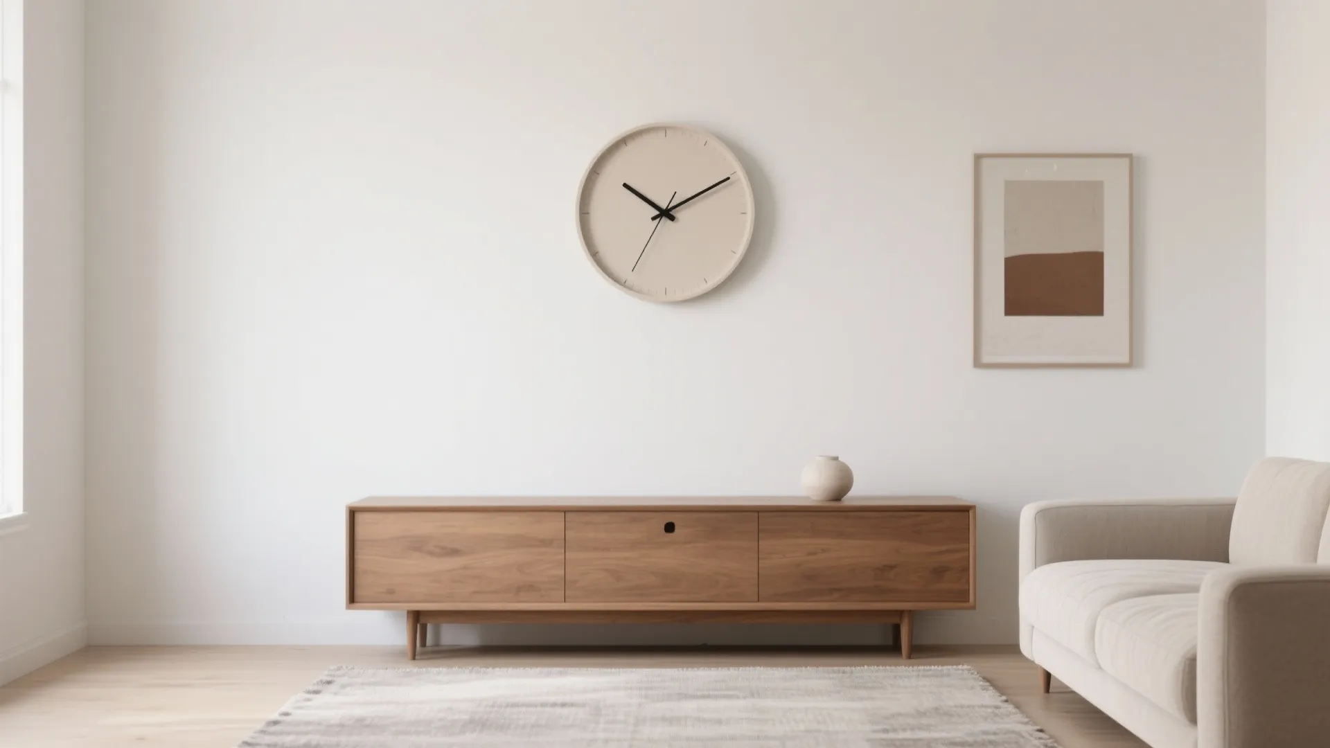 Minimalist cream wall clock above a wooden cabinet next to a sofa in white room