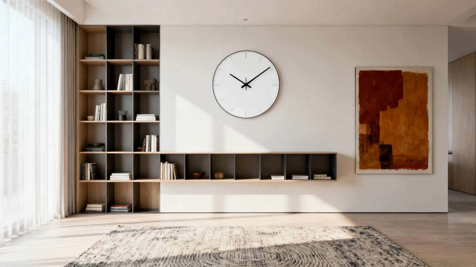 Modern living room featuring a large minimalist white wall clock above a long wooden shelf