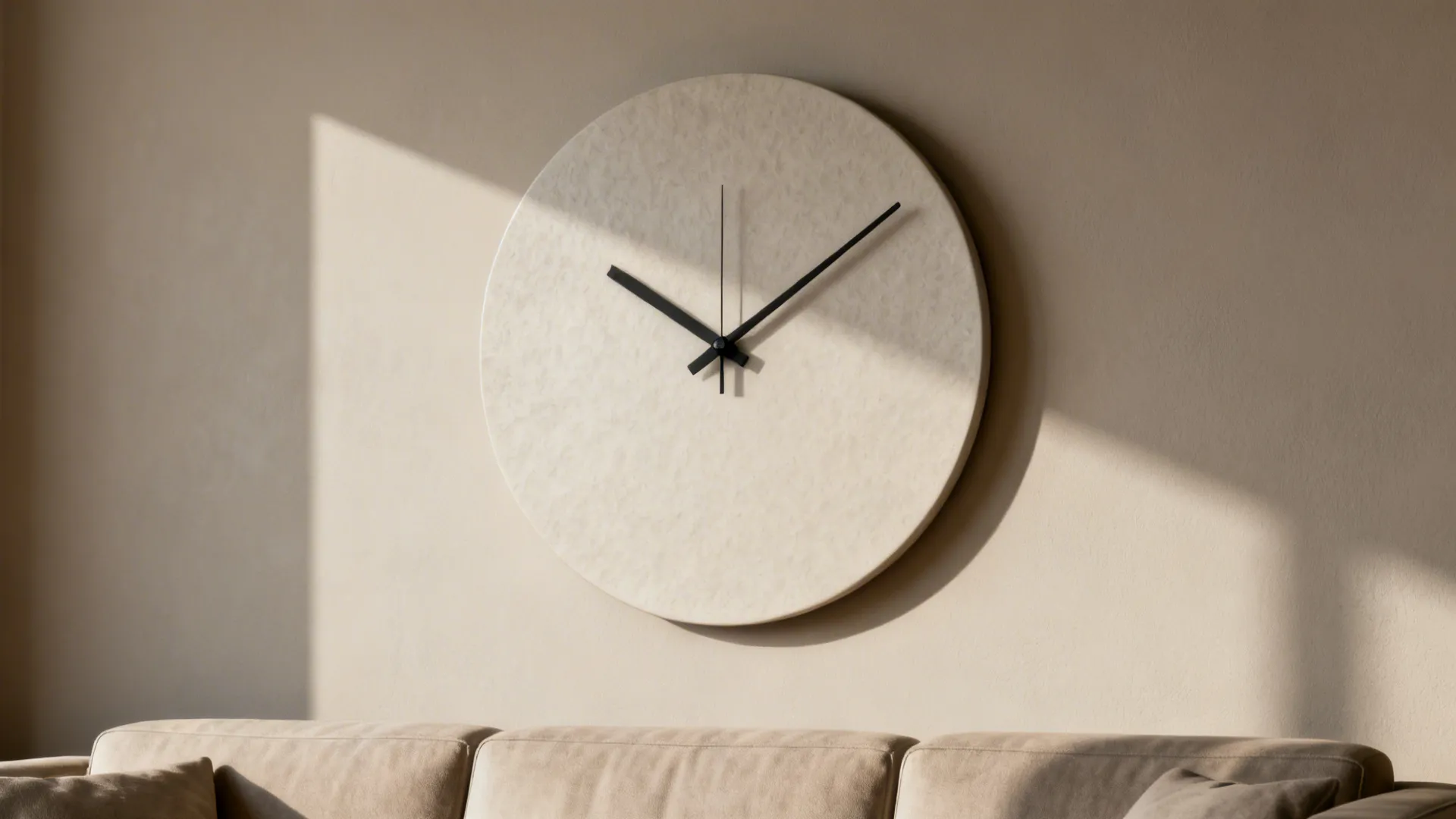 Macro view of a minimalist oversized matte wall clock with thin hands