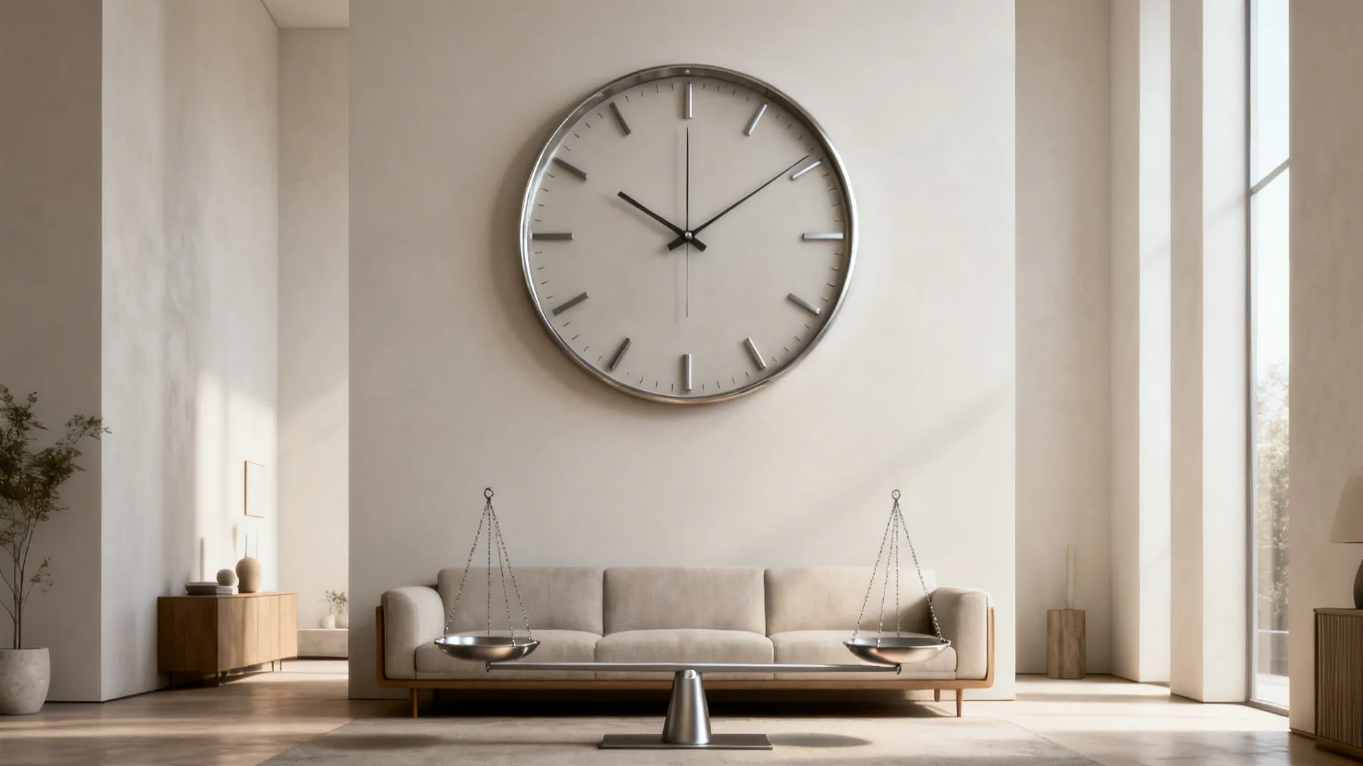 Oversized minimalist metal clock on a pale wall above a sofa, showing proper scale and balance.