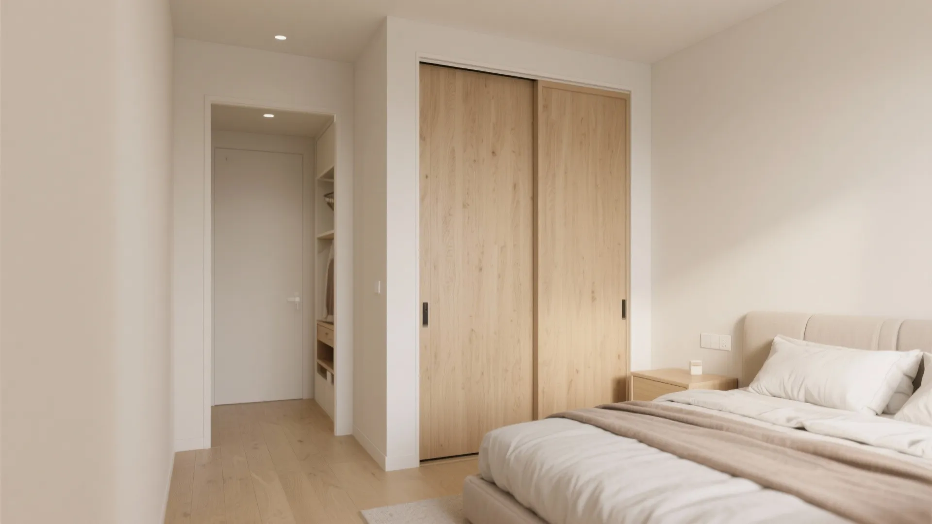 Cozy bedroom interior featuring light wood sliding closet doors beige bed and hallway to wardrobe area