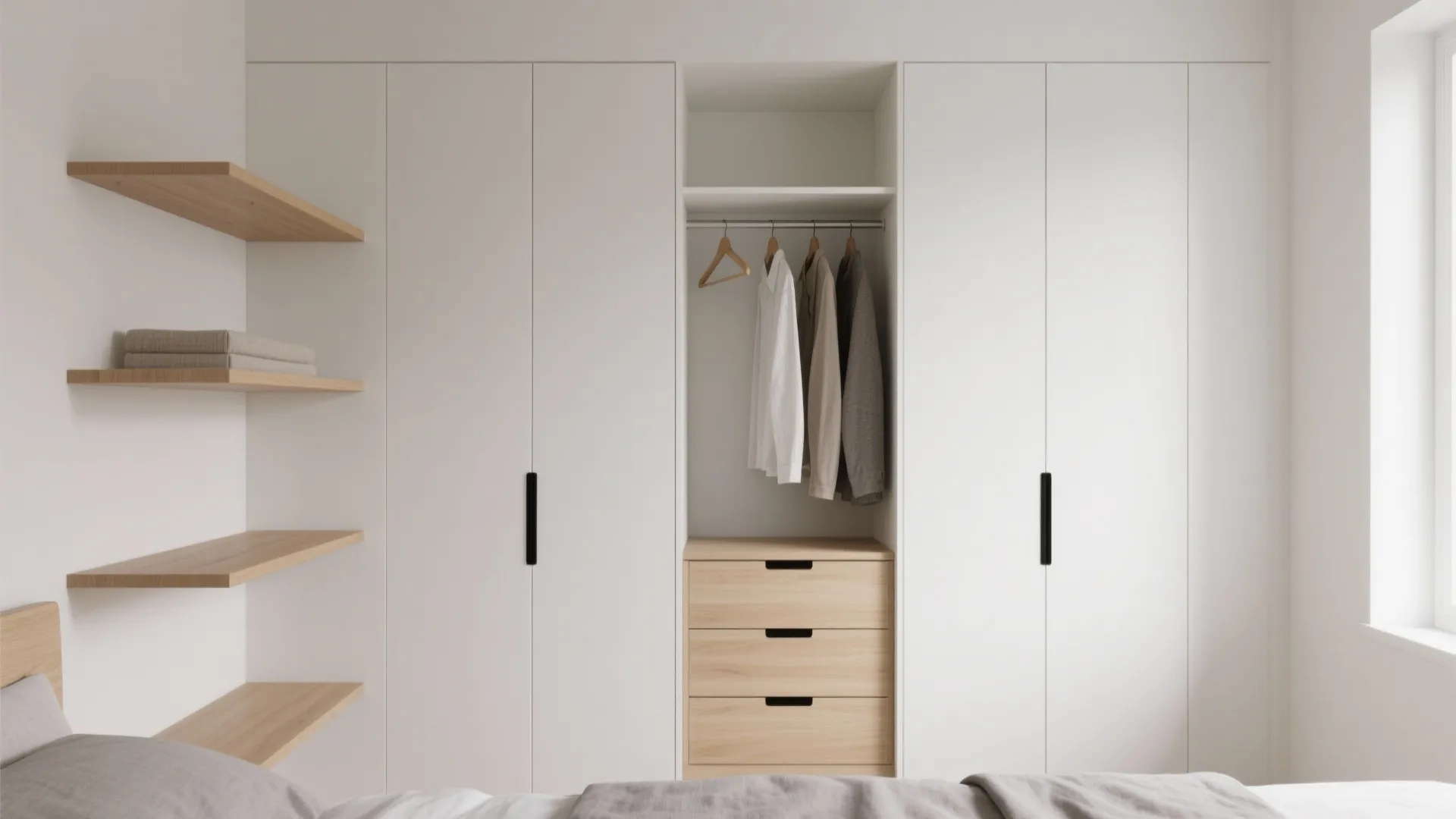 Modern white built-in wardrobe with wooden drawers and open shelves for neat bedroom storage organization