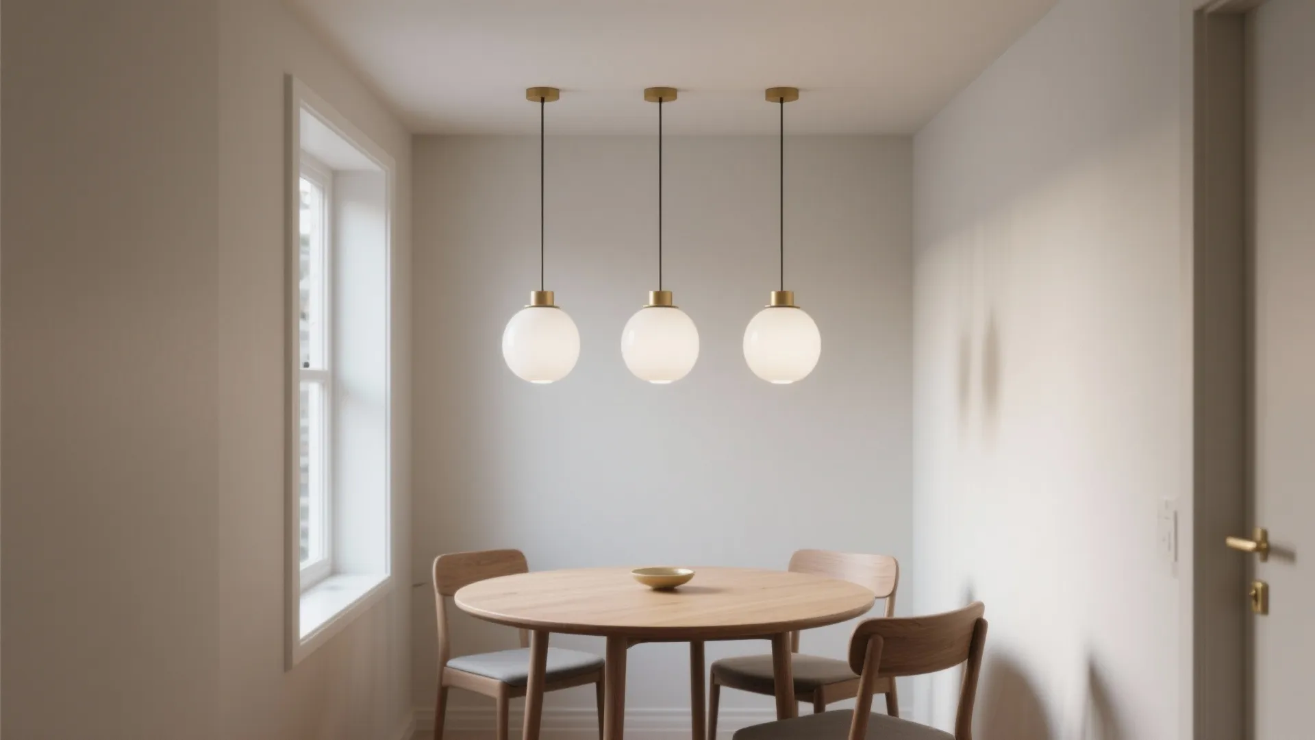 Small dining room with three white ball ceiling lights over a round wooden table set