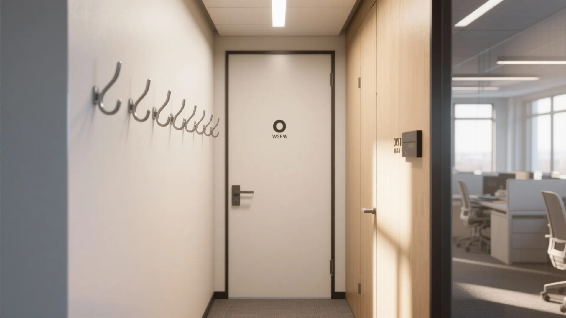 Compact entryway with row of minimalist coat hooks