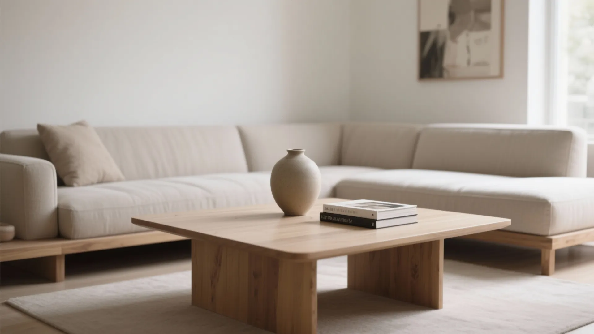 Minimalist living room featuring light wood coffee table beige sofa white walls and ceramic vase