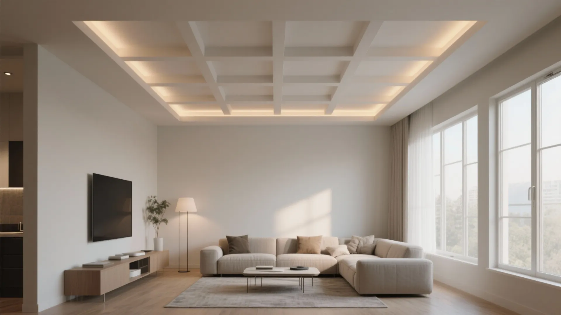Bright living room with a grid ceiling light design and large sofa near the windows