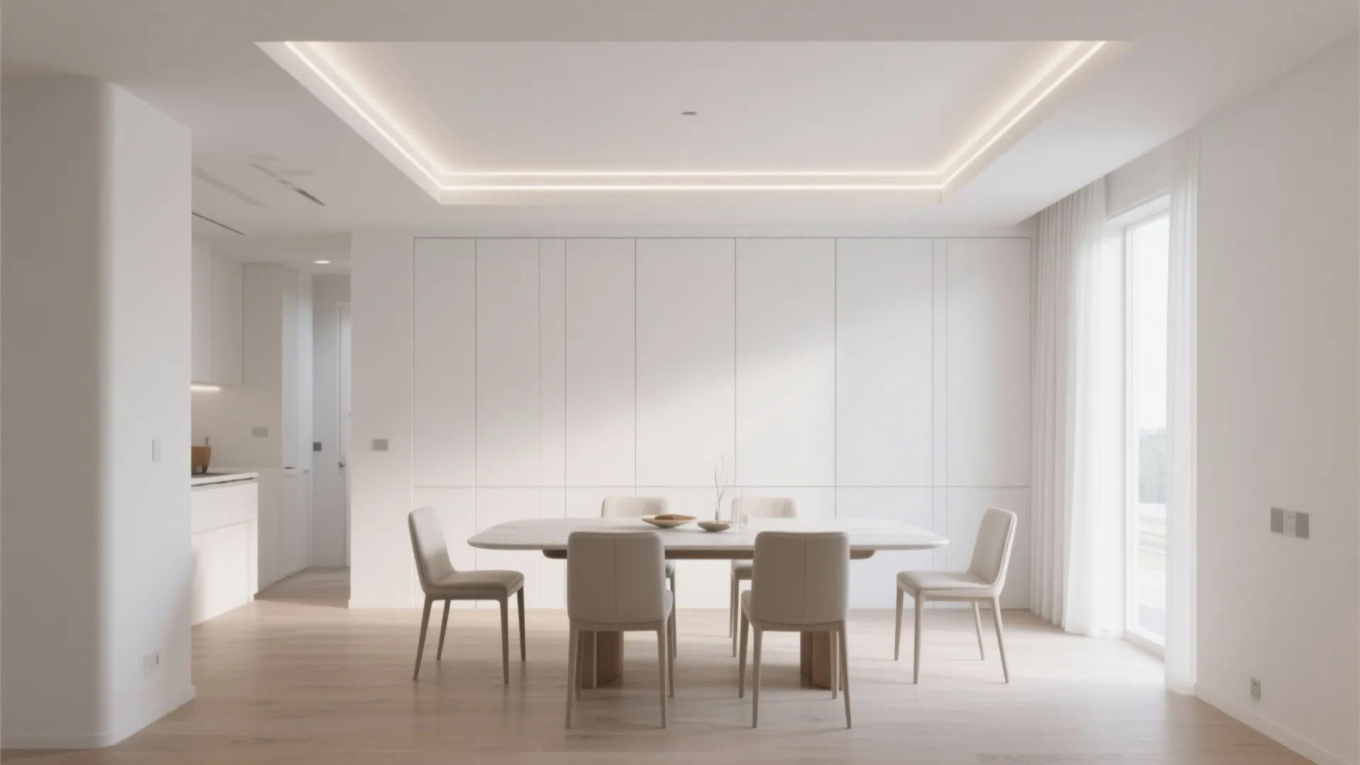 Bright minimalist dining room featuring white walls a wooden floor and clean white recessed ceiling