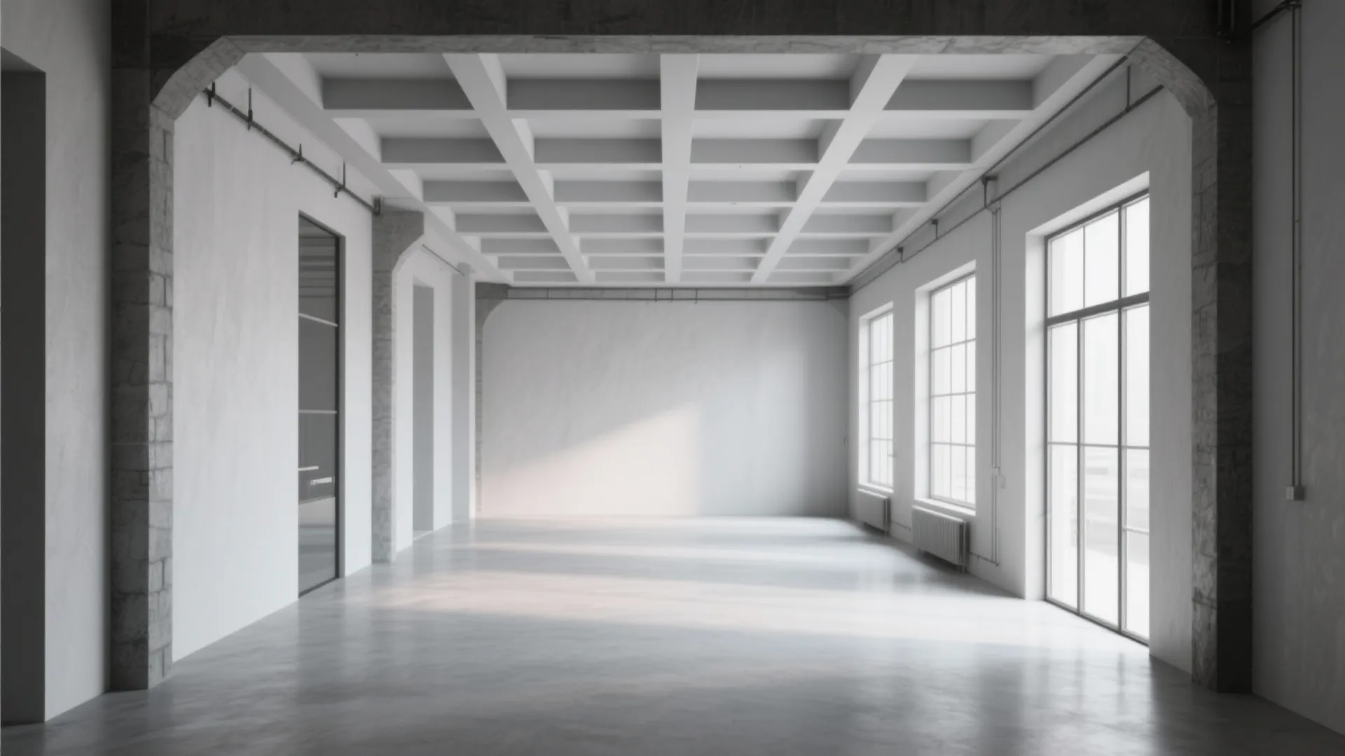 Empty industrial room with white walls grey floor grid ceiling design and large bright windows