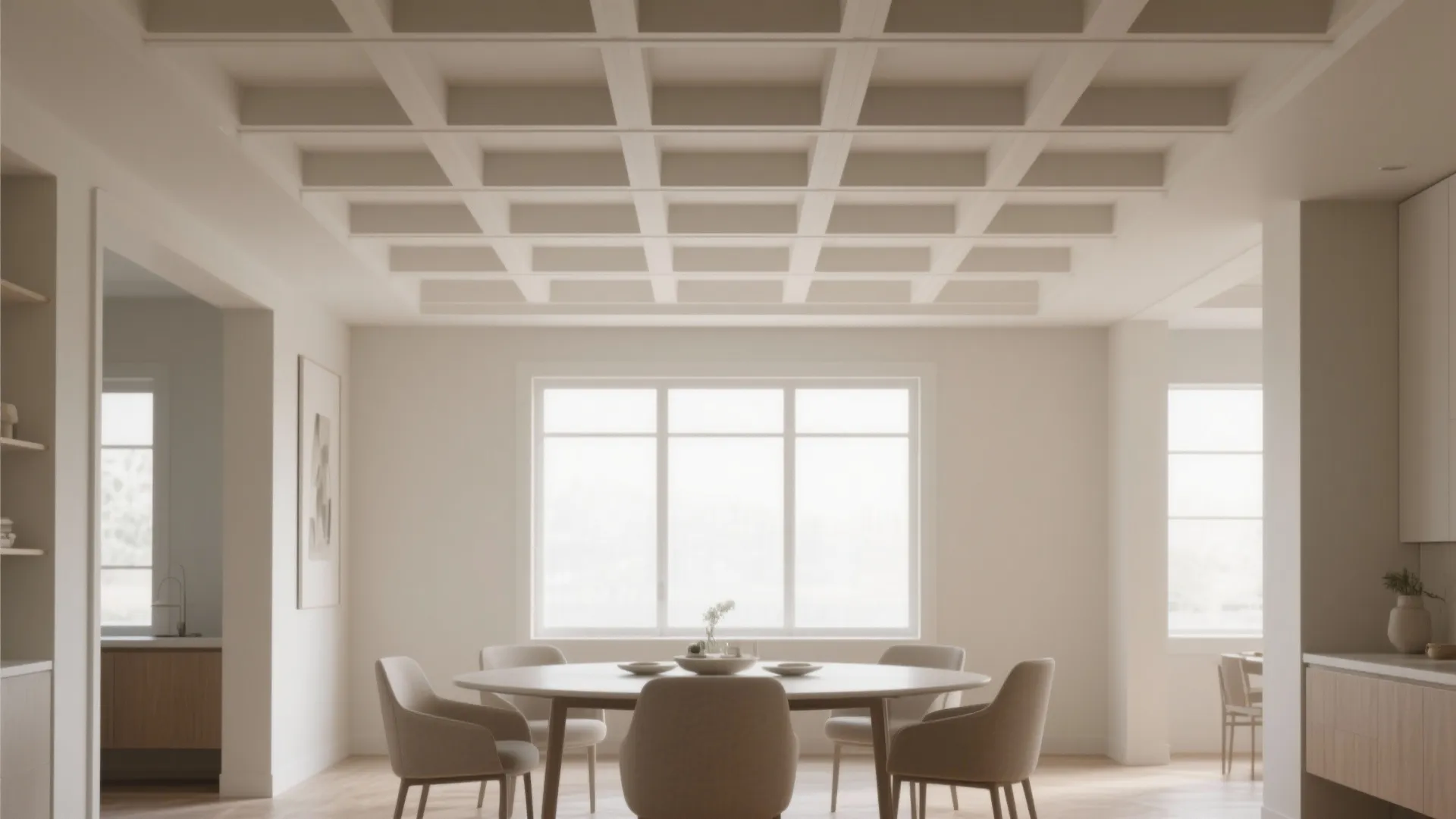 Modern dining room featuring a minimalist grid pattern ceiling design with white walls and windows