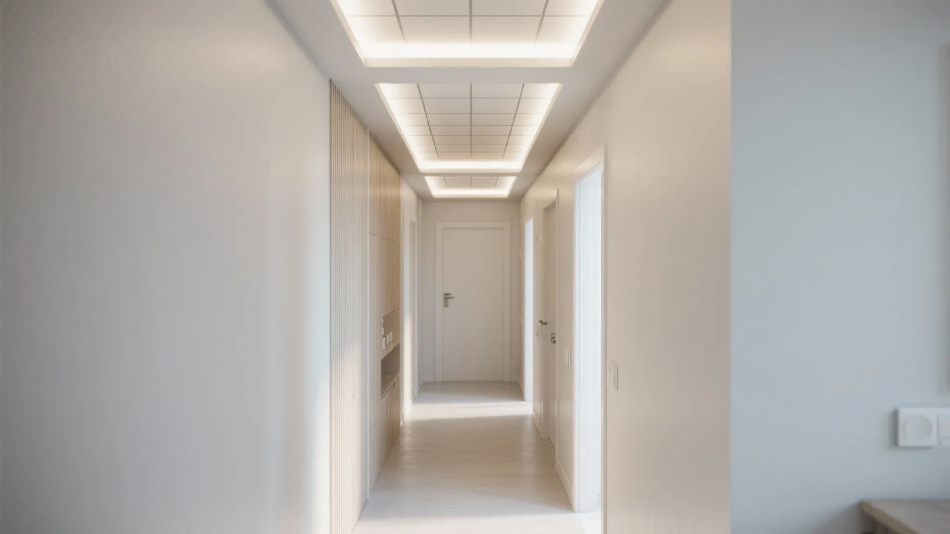 Minimalist white hallway with recessed ceiling light panels wood wall panels and simple white doors