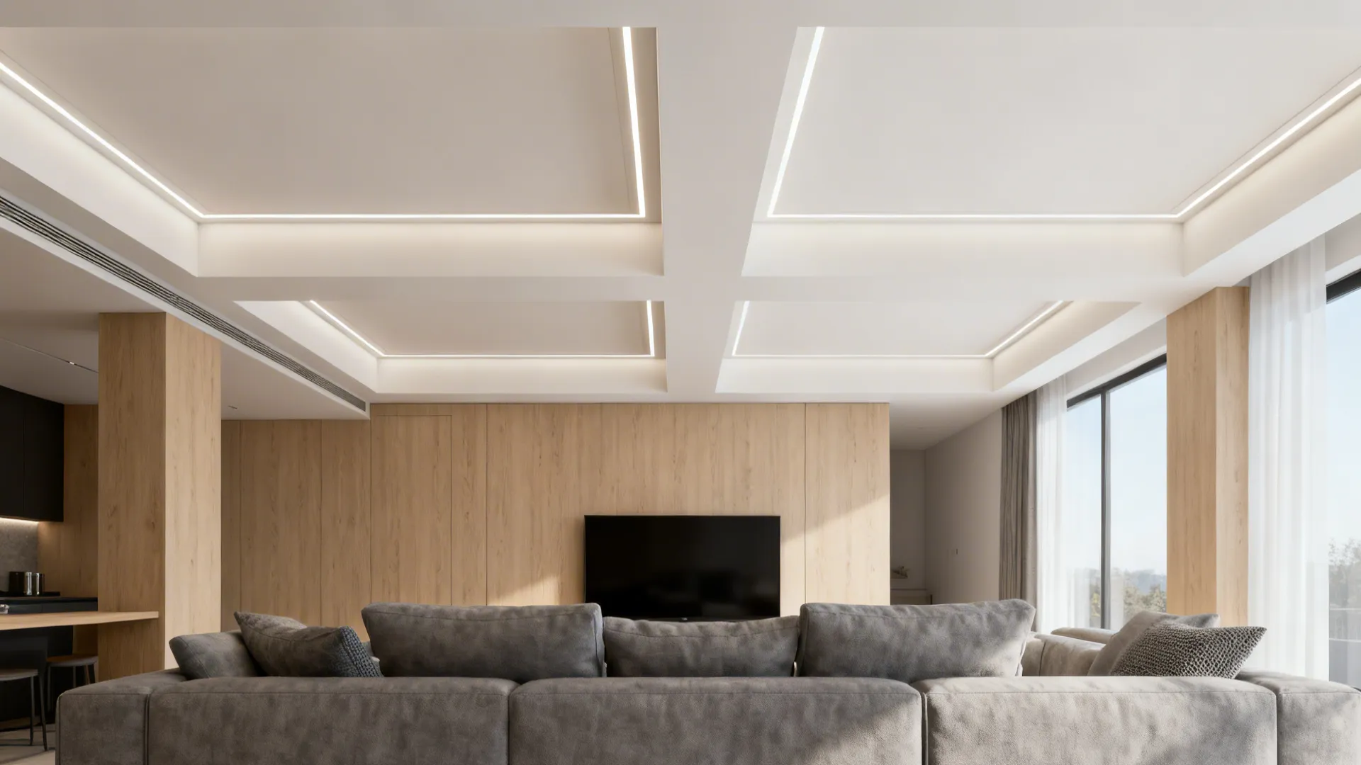 Living room with large shallow coffers and subtle linear LED lighting.