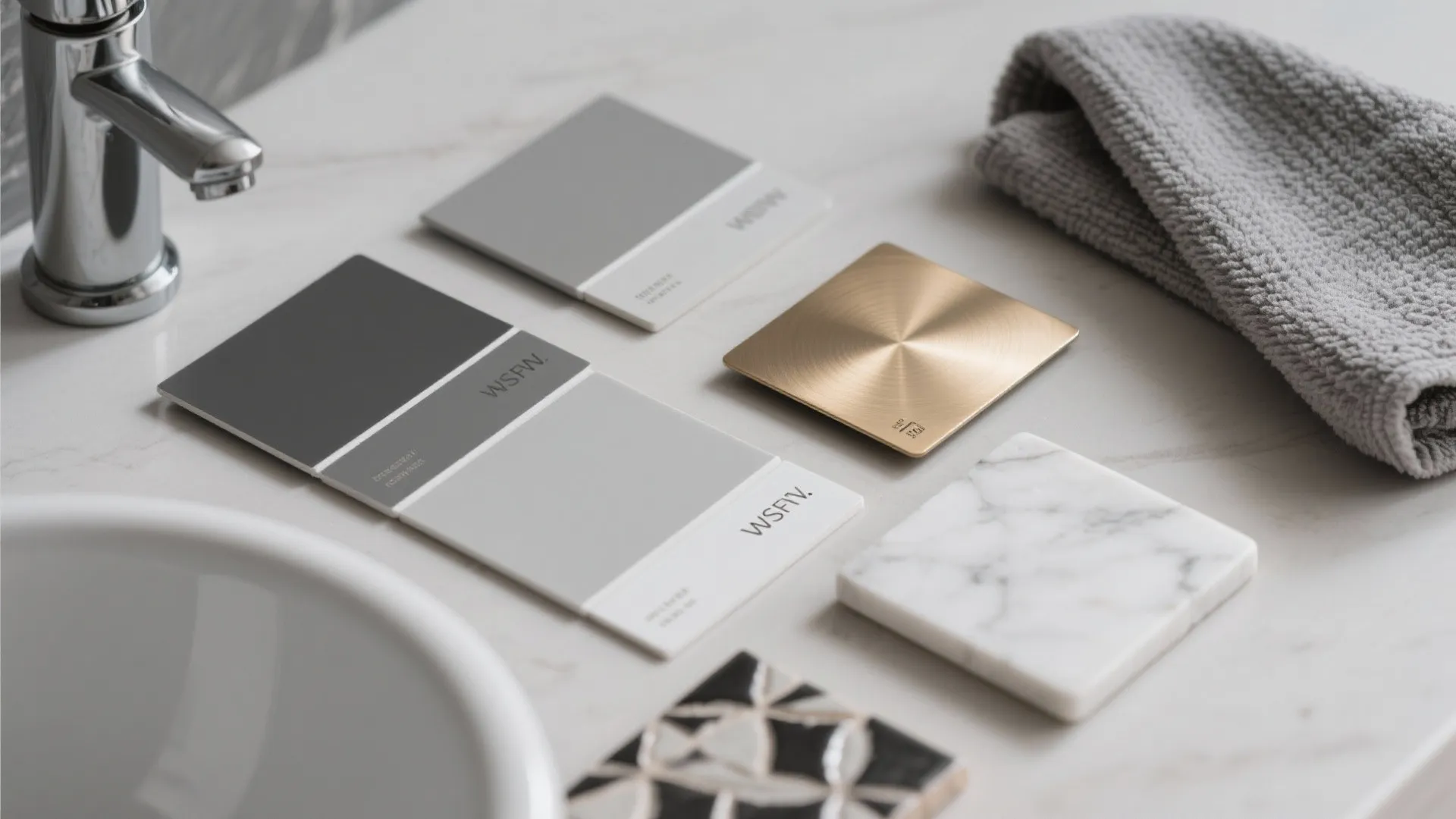 Modern bathroom counter with grey color swatches gold plate marble tile and a grey towel
