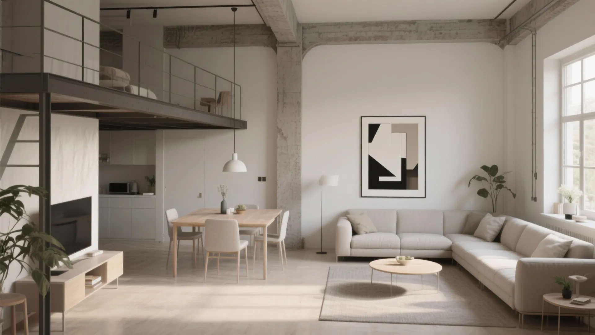 Modern open plan living room with a large sofa wooden dining table and loft bed