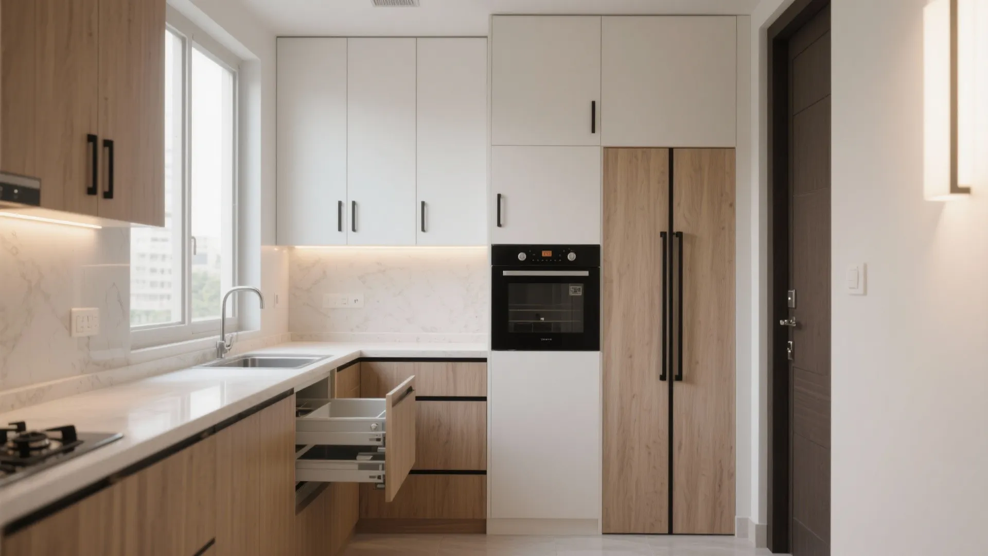 Minimalist kitchen storage with concealed systems