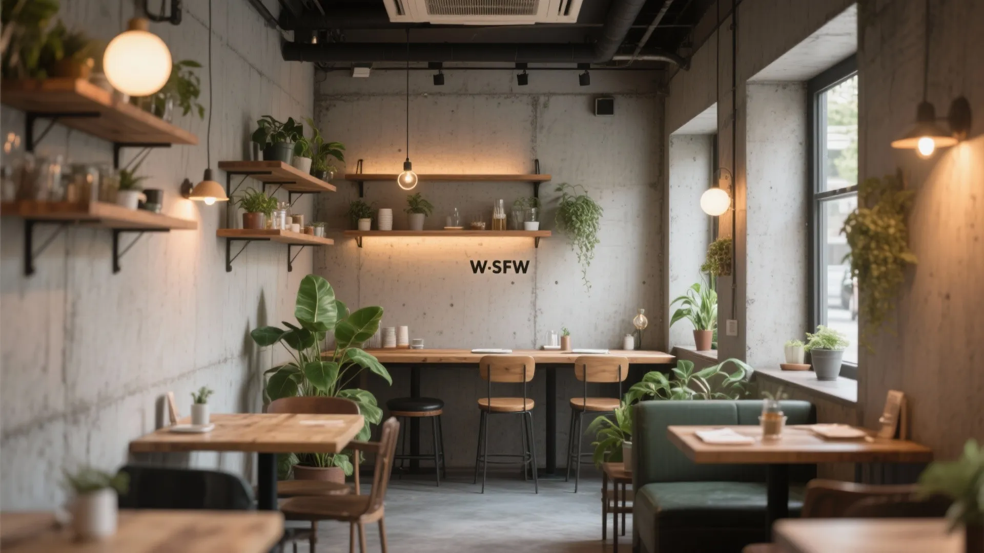 Industrial bistro interior with concrete walls wooden tables green plants hanging ceiling lights and wall shelves
