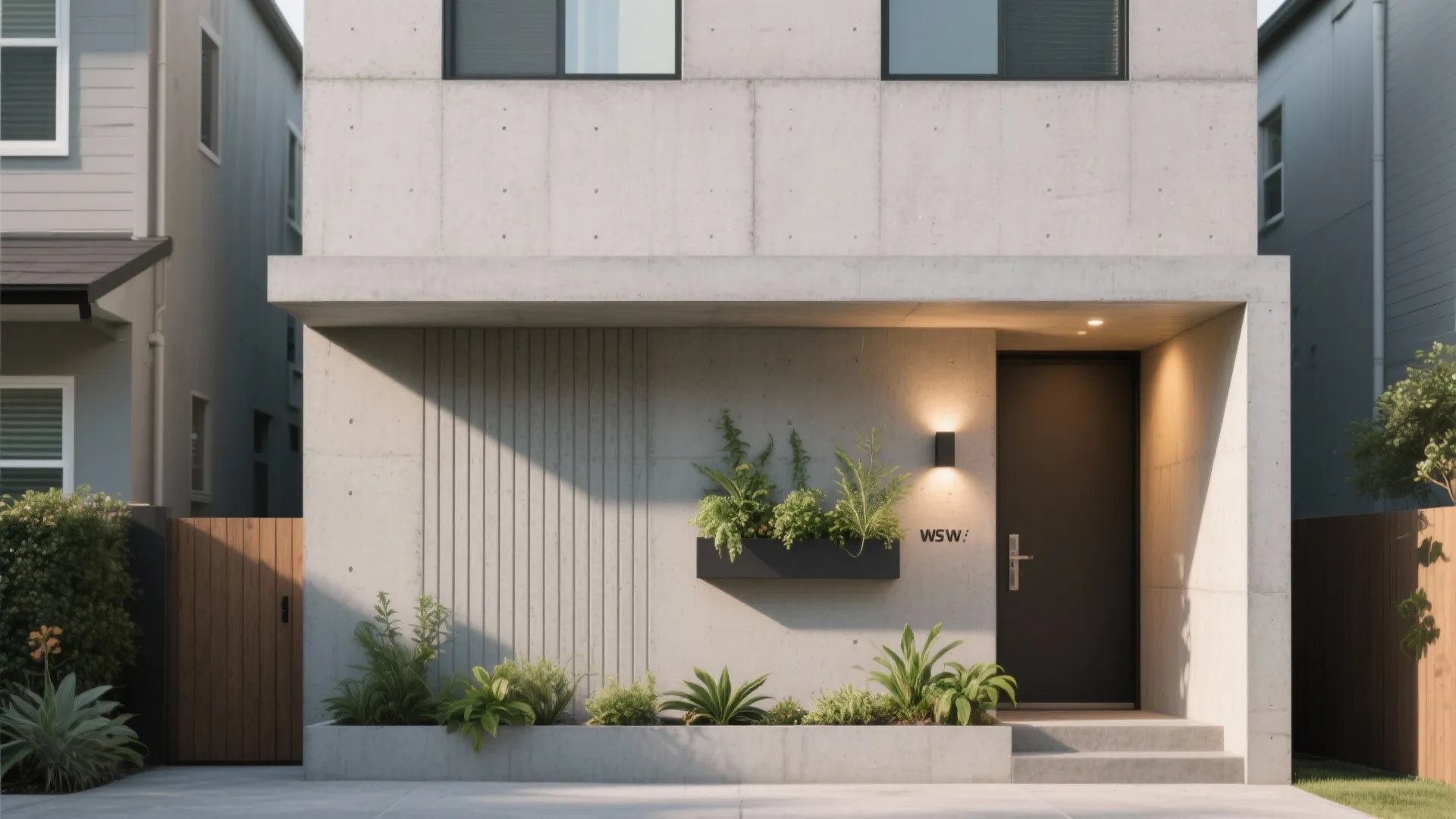 Minimalist grey concrete house entrance with black door small green plants wall light and wooden gate