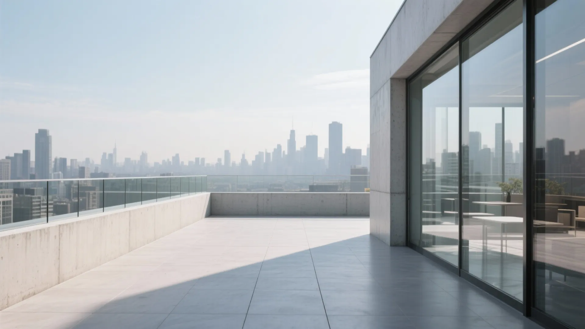 Minimalist rooftop terrace featuring glass railing grey floor tiles and sliding glass doors with view