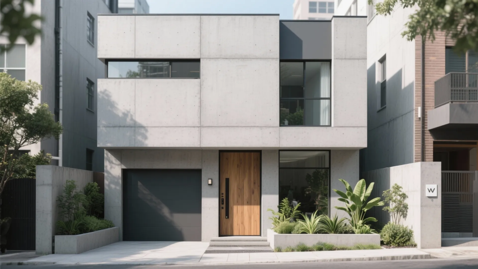 Urban home facade featuring minimalist matte concrete panels